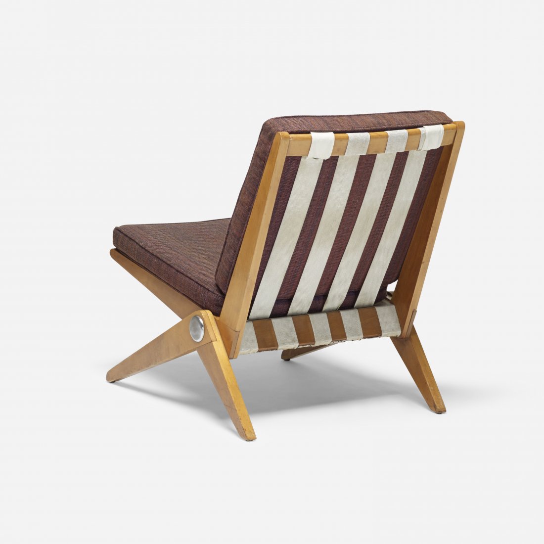 Pierre Jeanneret Scissor chair: Pierre Jeanneret Scissor chair Knoll Associates Switzerland, 1950 birch, upholstery, nylon, aluminum 23.5 w x 31 d x 30 h inches Literature: Modern Furnishings for the Home, Hennessey, pg. 48