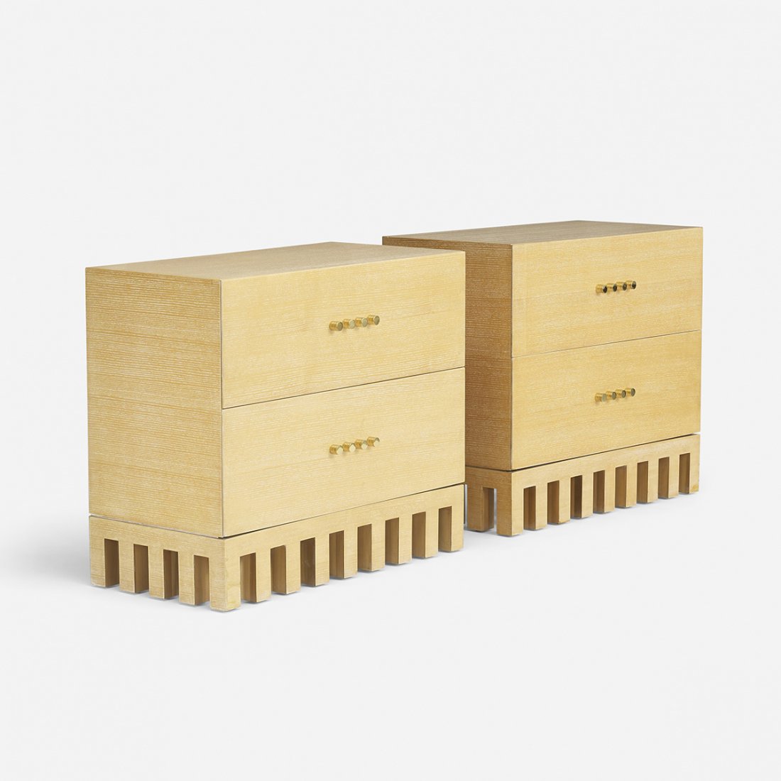 In the manner of Jean-Michel Wilmotte cabinets: In the manner of Jean-Michel Wilmotte cabinets, pair France, c. 1990 combed oak, brass 37 w x 19.5 d x 32.25 h inches Each cabinet features two drawers.