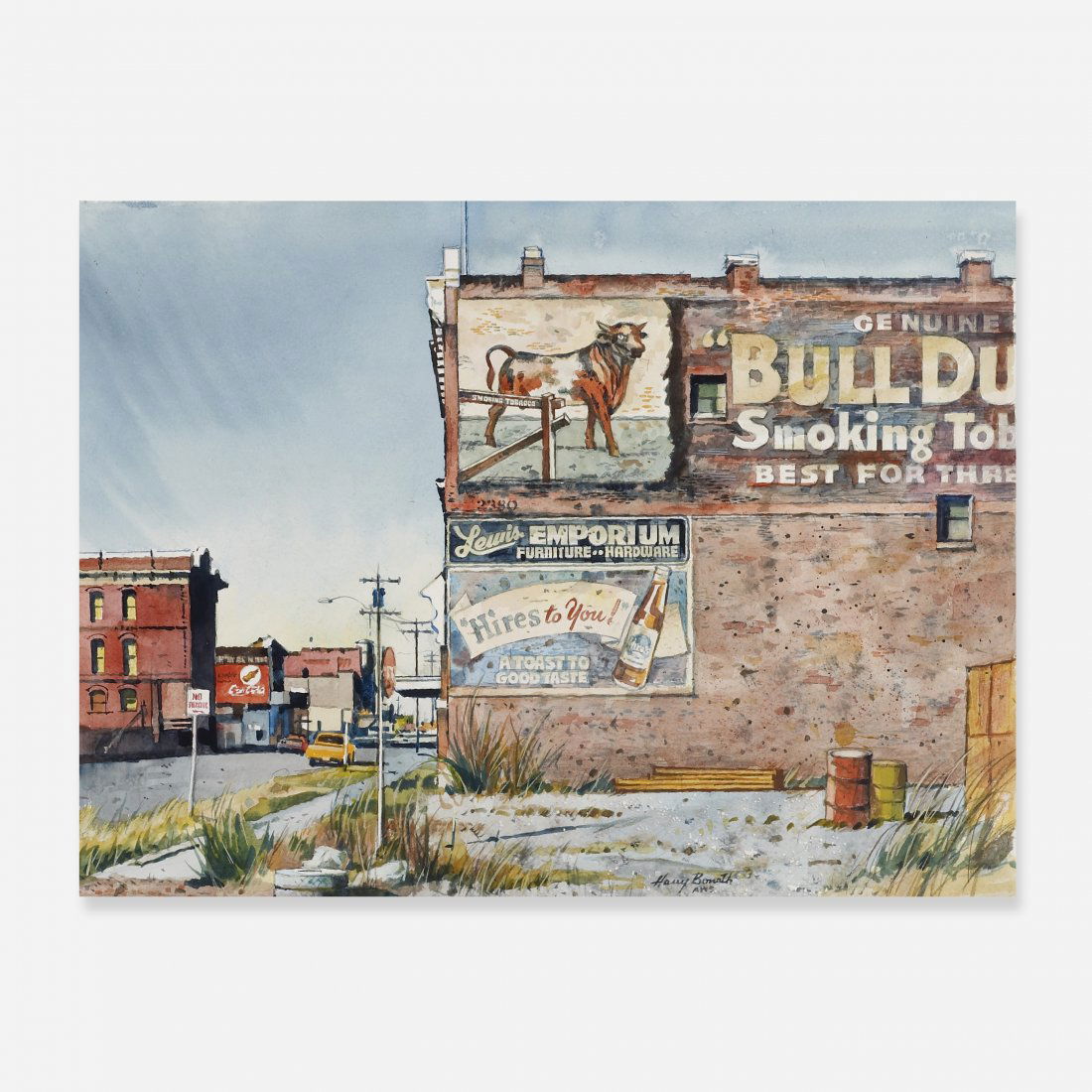 Harry Bonath Bull Durham: Harry Bonath Bull Durham USA, c. 1945 watercolor on paper 14 h x 20 w inches Signed to lower edge 'Harry Bonath AWS'. Provenance: Collection of John R. Eckel, Jr.