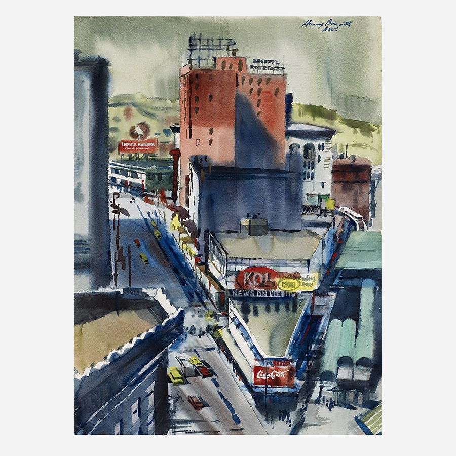 Harry Bonath Coca Cola Corner: Harry Bonath Coca Cola Corner USA, c. 1945 watercolor on paper 30 h x 22 w inches Signed to upper right 'Harry Bonath AWS'. Provenance: Collection of John R. Eckel, Jr.