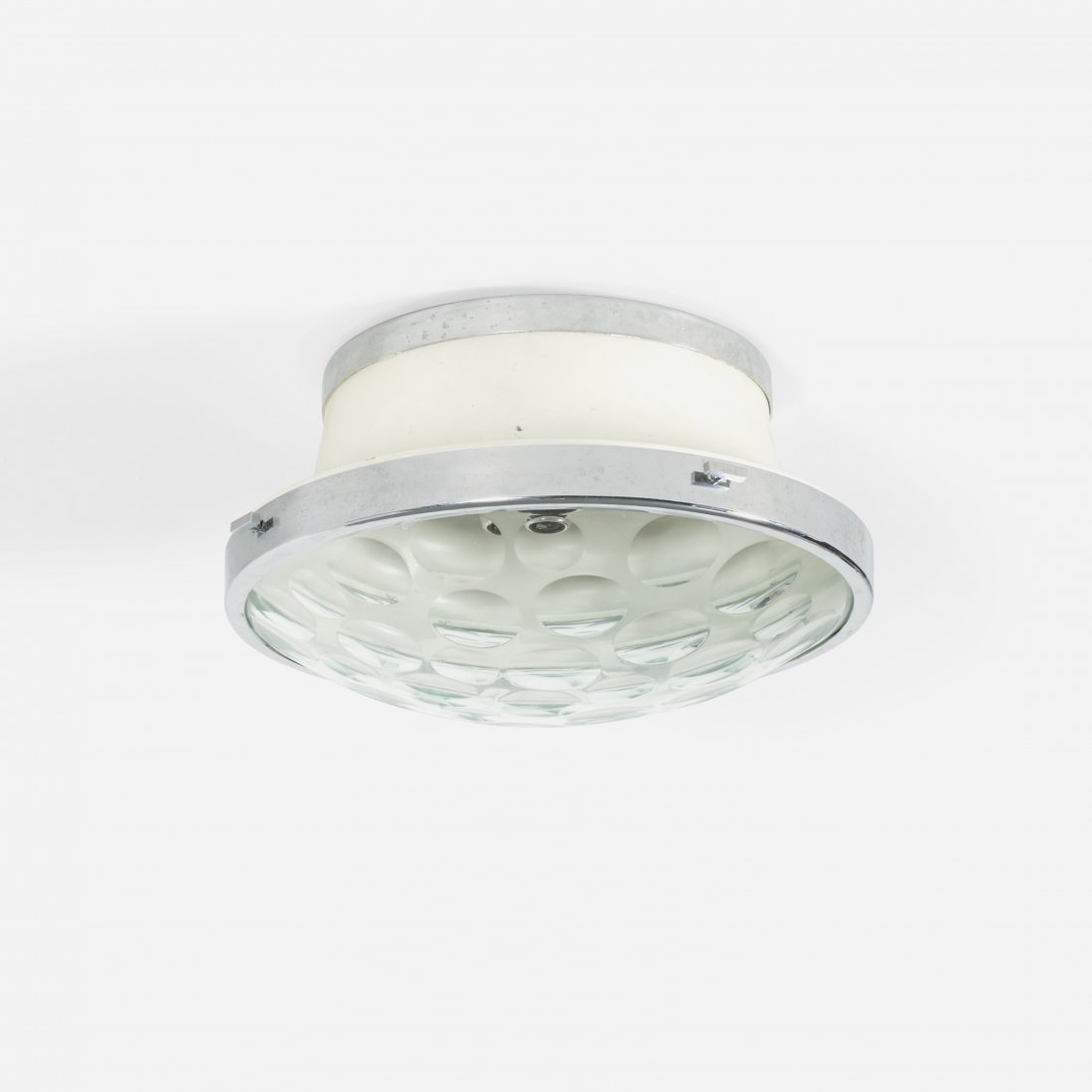 In the manner of Fontana Arte ceiling lamp: In the manner of Fontana Arte ceiling lamp Italy, c. 1955 cut glass, enameled aluminum, chrome-plated brass 15.5 dia x 8 h inches