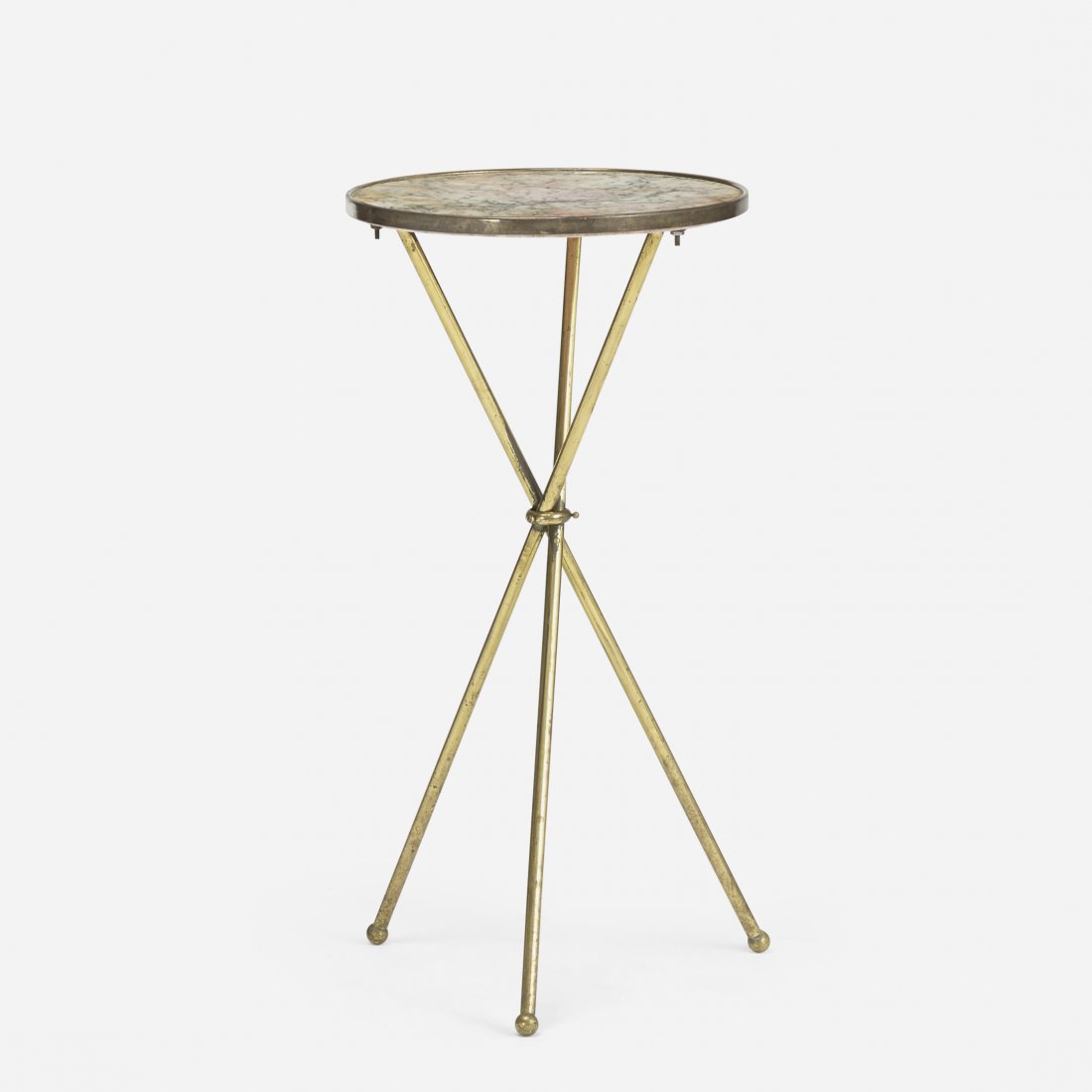 Italian occasional table: Italian occasional table c. 1965 brass, marble 12 dia x 24 h inches Signed with foil manufacturer's label to underside: [Made in Italy].