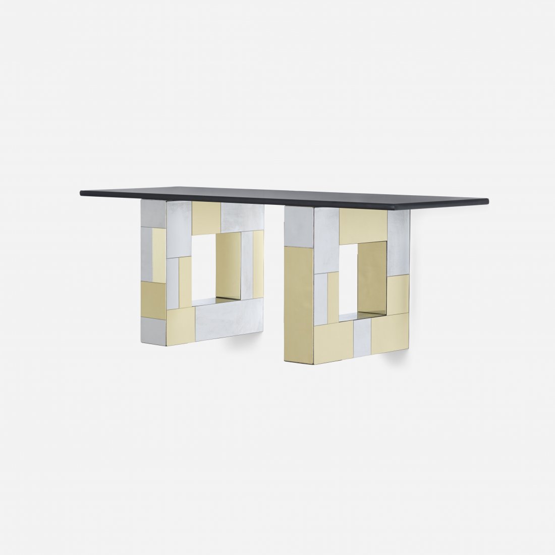 Paul Evans wall-mounted Cityscape console: Paul Evans wall-mounted Cityscape console Paul Evans Studio for Directional USA, c. 1975 chrome-plated steel, brass, glass 34.5 w x 12 d x 12.5 h inches Engraved signature to one element: [An Original