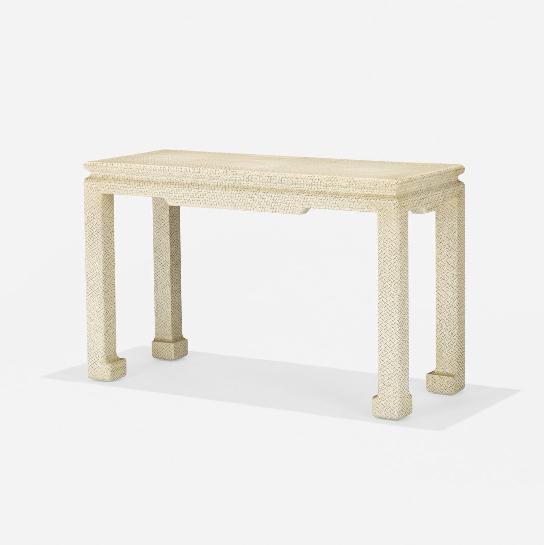 Karl Springer console: Karl Springer console Karl Springer, Ltd. USA, c. 1970 embossed vinyl over wood 40 w x 16 d x 25 h inches Signed with leather manufacturer's label to underside: [Karl Springer LTD].