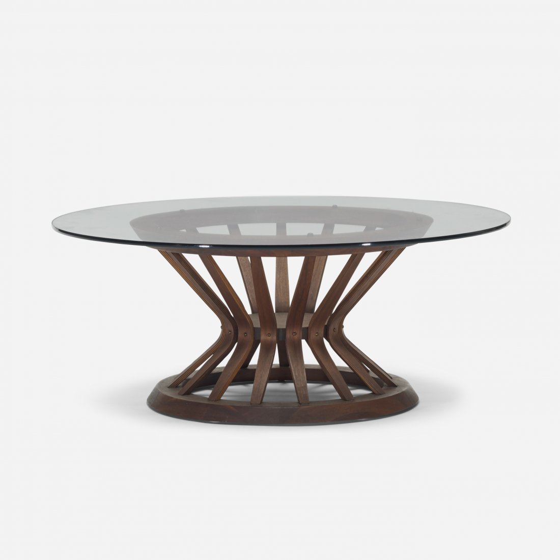 Edward Wormley Sheaf of Wheat coffee table: Edward Wormley Sheaf of Wheat coffee table Dunbar USA, c. 1955 walnut, glass 36 dia x 14.75 h inches