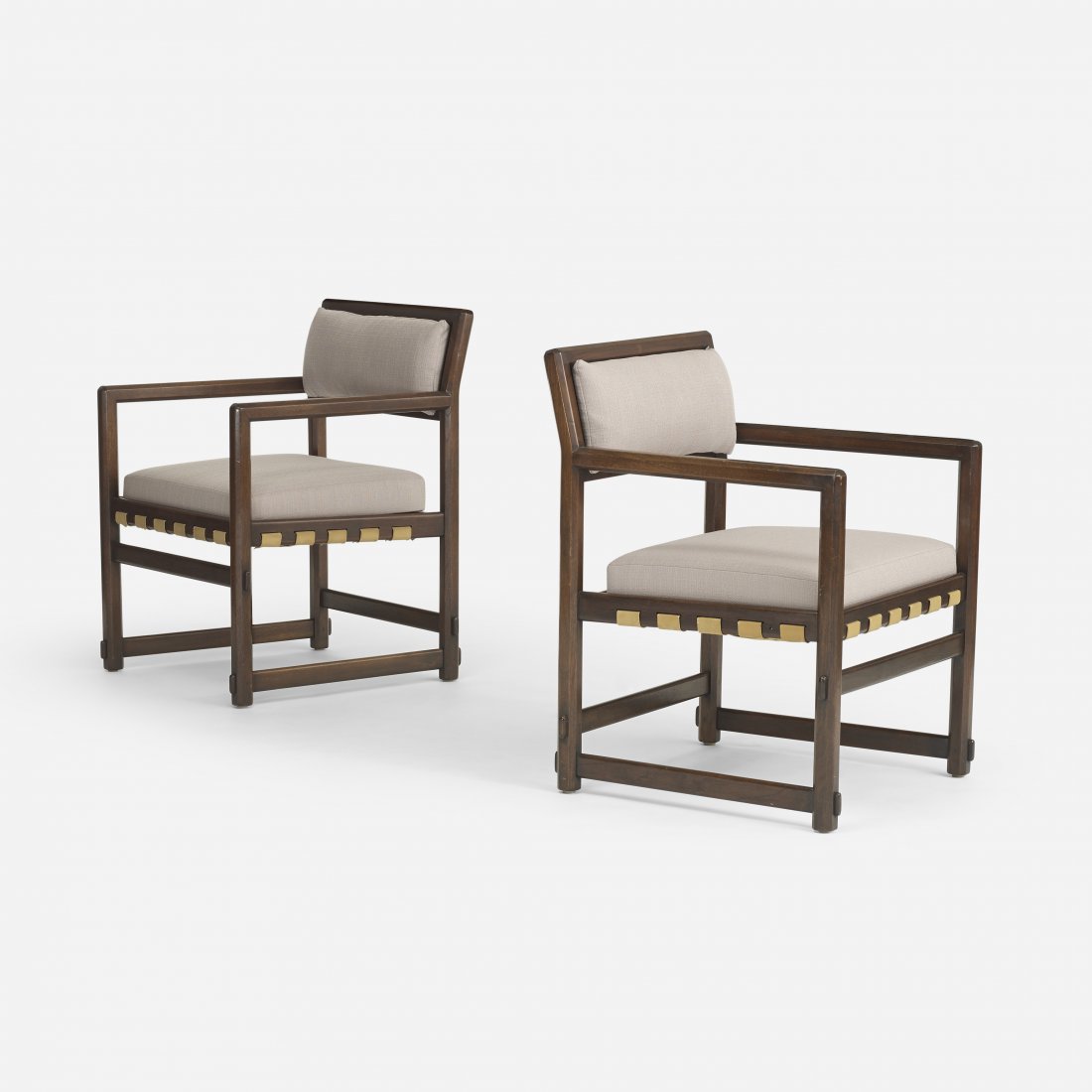 Edward Wormley armchairs, pair: Edward Wormley armchairs, pair Dunbar USA, c. 1957 lacquered mahogany, upholstery, rubber straps 25 w x 24 d x 32.5 h inches Signed with applied gold rectangular manufacturer's label to underside of e