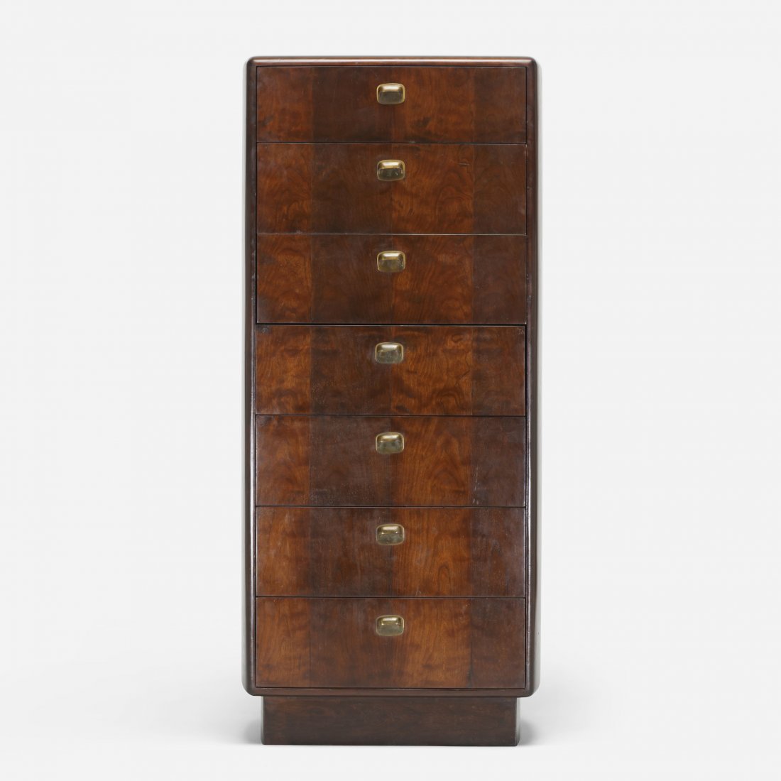 Edward Wormley cabinet: Edward Wormley cabinet Dunbar USA , c. 1967 lacquered walnut, brass with applied patina 24 w x 16.5 d x 54 h inches Cabinet features seven drawers. Signed with applied 'D' manufacturer's label to draw