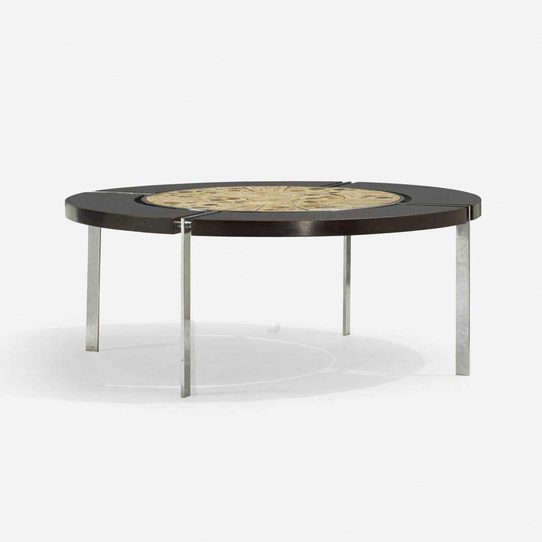 Svend Aage Jessen coffee table: Svend Aage Jessen coffee table Sejer Denmark, c. 1965 stained oak, earthenware, glazed ceramic, chrome-plated steel 47 dia x 18.75 h inches Signed with incised manufacturer's mark to top: [Sejer].