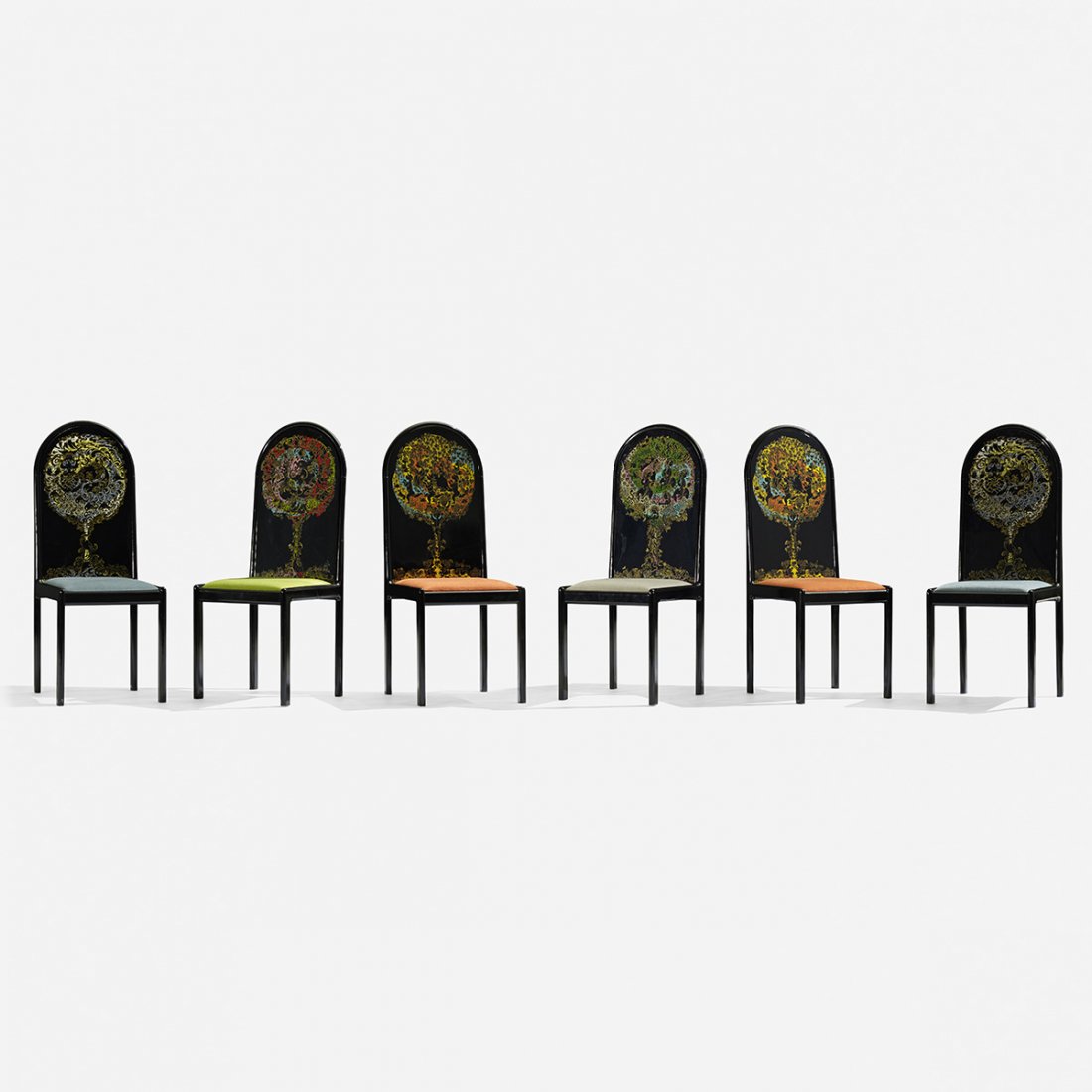 Bjorn Wiinblad dining chairs, set of six: Bjorn Wiinblad dining chairs, set of six Denmark, c. 1975 screenprint on lacquered wood, upholstery 17 w x 19 d x 43.25 h inches These chairs come from the edition of 300. Signed and numbered to backr