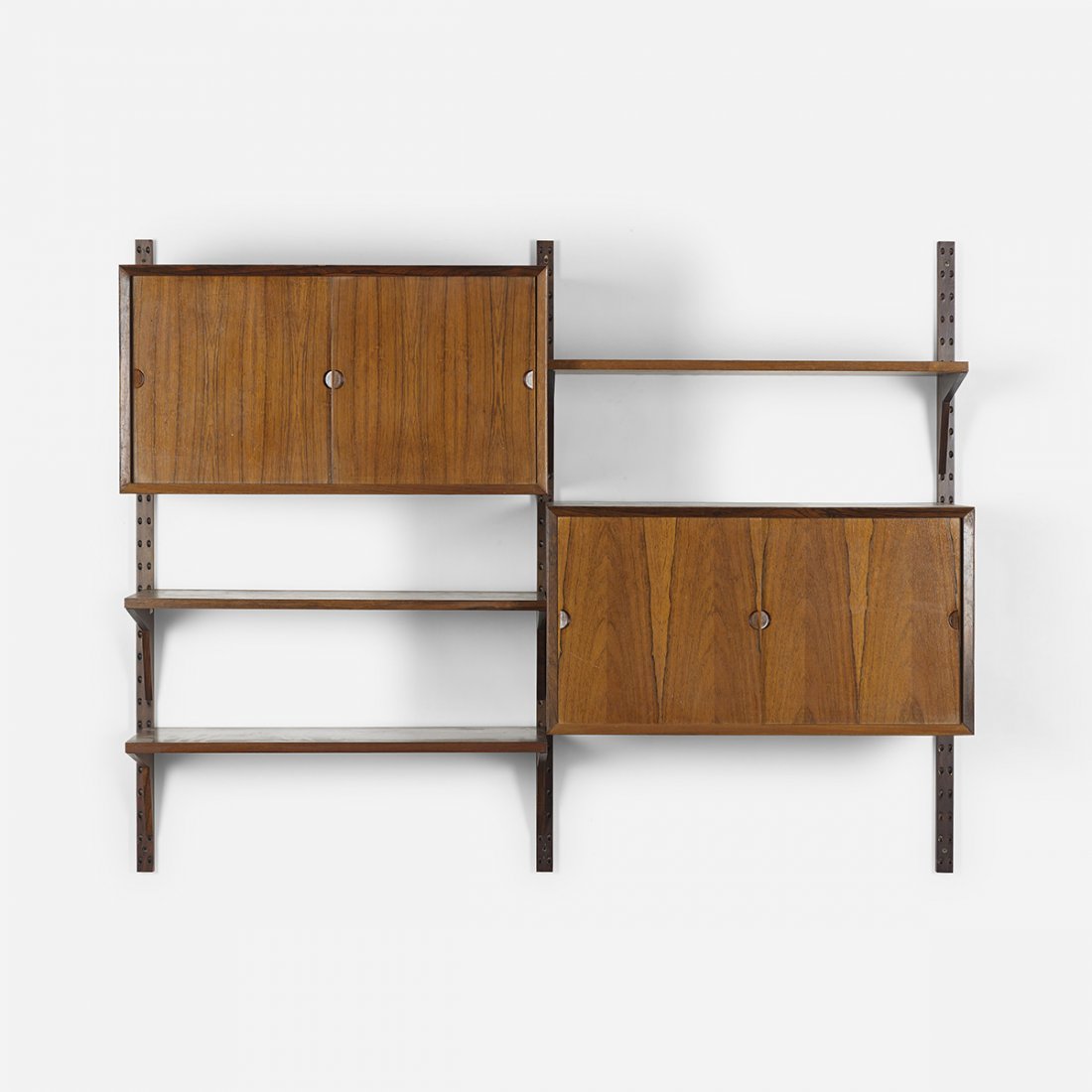 Danish wall-mounted cabinet: Danish wall-mounted cabinet c. 1960 rosewood 64.5 w x 16 d x 49.5 h inches Wall unit features two cabinets, each with two sliding doors, and three adjustable shelves.