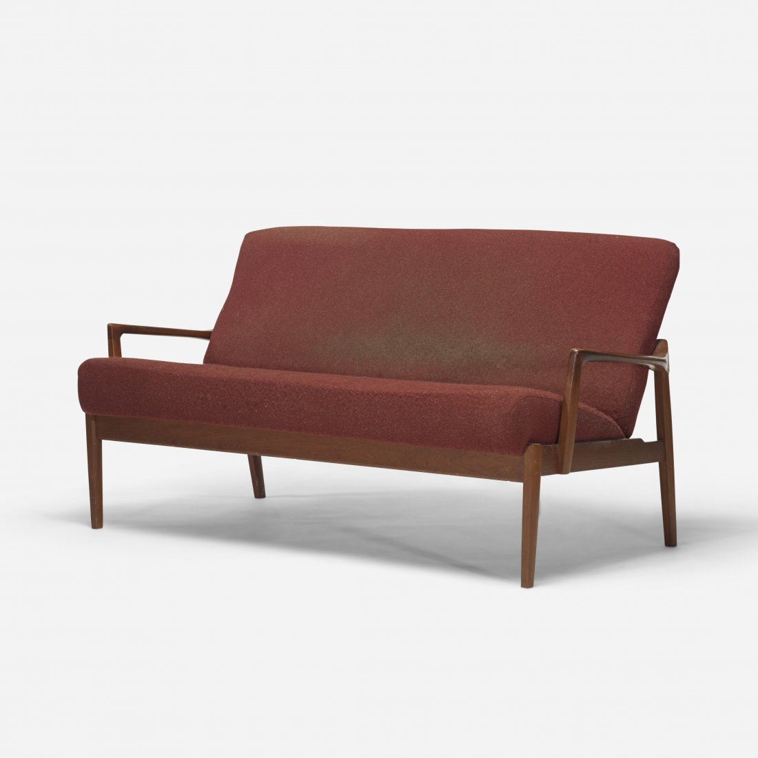 Danish sofa: Danish sofa c. 1955 upholstery, teak 62.5 w x 30 d x 32.5 h inches Signed with applied disc distributor's label to underside: [John Stuart Inc Grand Rapids New York].