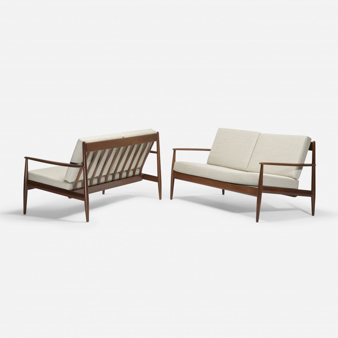 Grete Jalk settees, pair: Grete Jalk settees, pair P. Jeppesens Mobelfabrik A/S Denmark, c. 1960 teak, upholstery 62 w x 30 d x 30 h inches