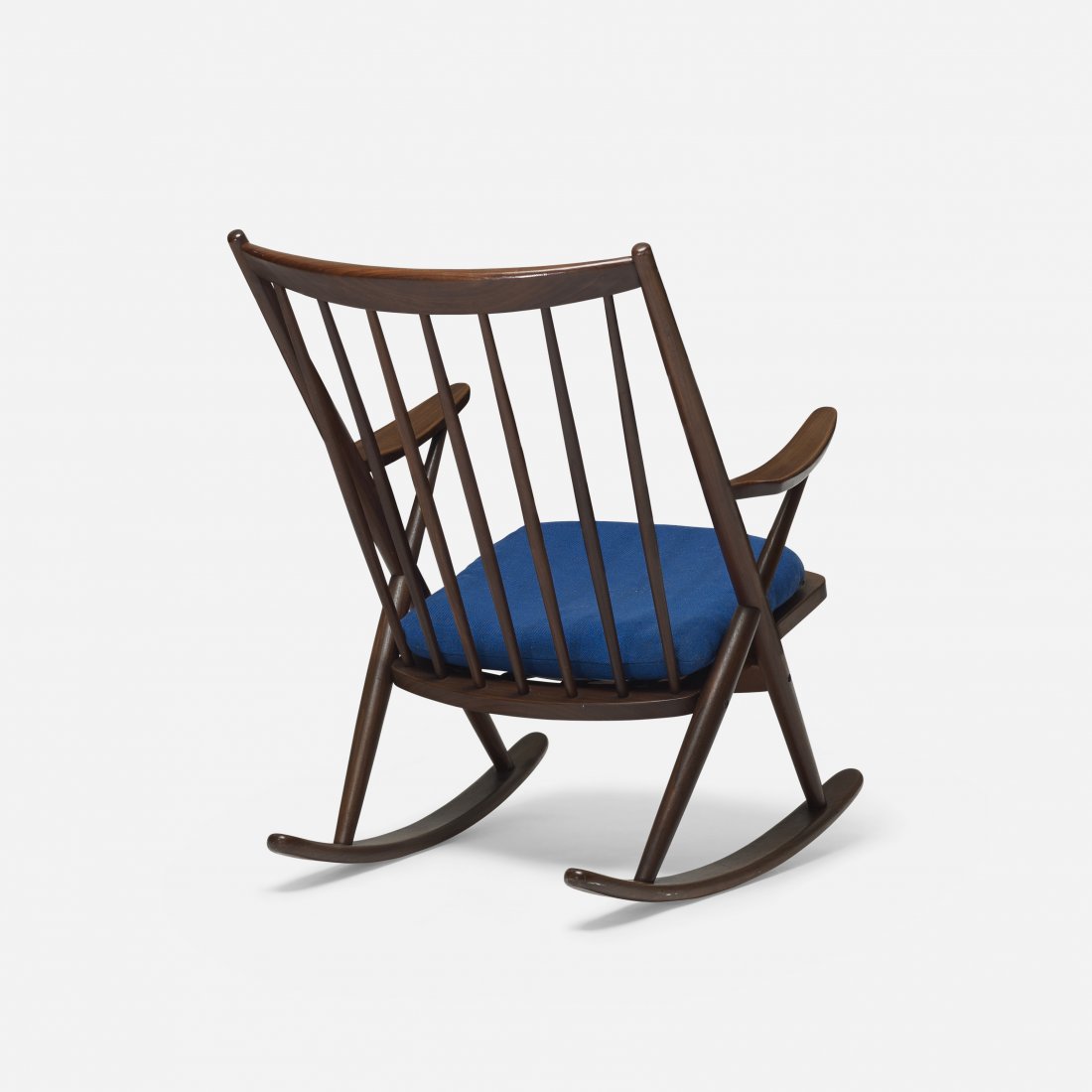 Frank Reenskaugh rocking chair: Frank Reenskaugh rocking chair Bramin MÃ¸bler Denmark, c. 1958 teak, upholstery, suede 26.5 w x 33 d x 34 h inches Signed with branded manufacturer's mark to underside: [Bramin Made in Denmark].