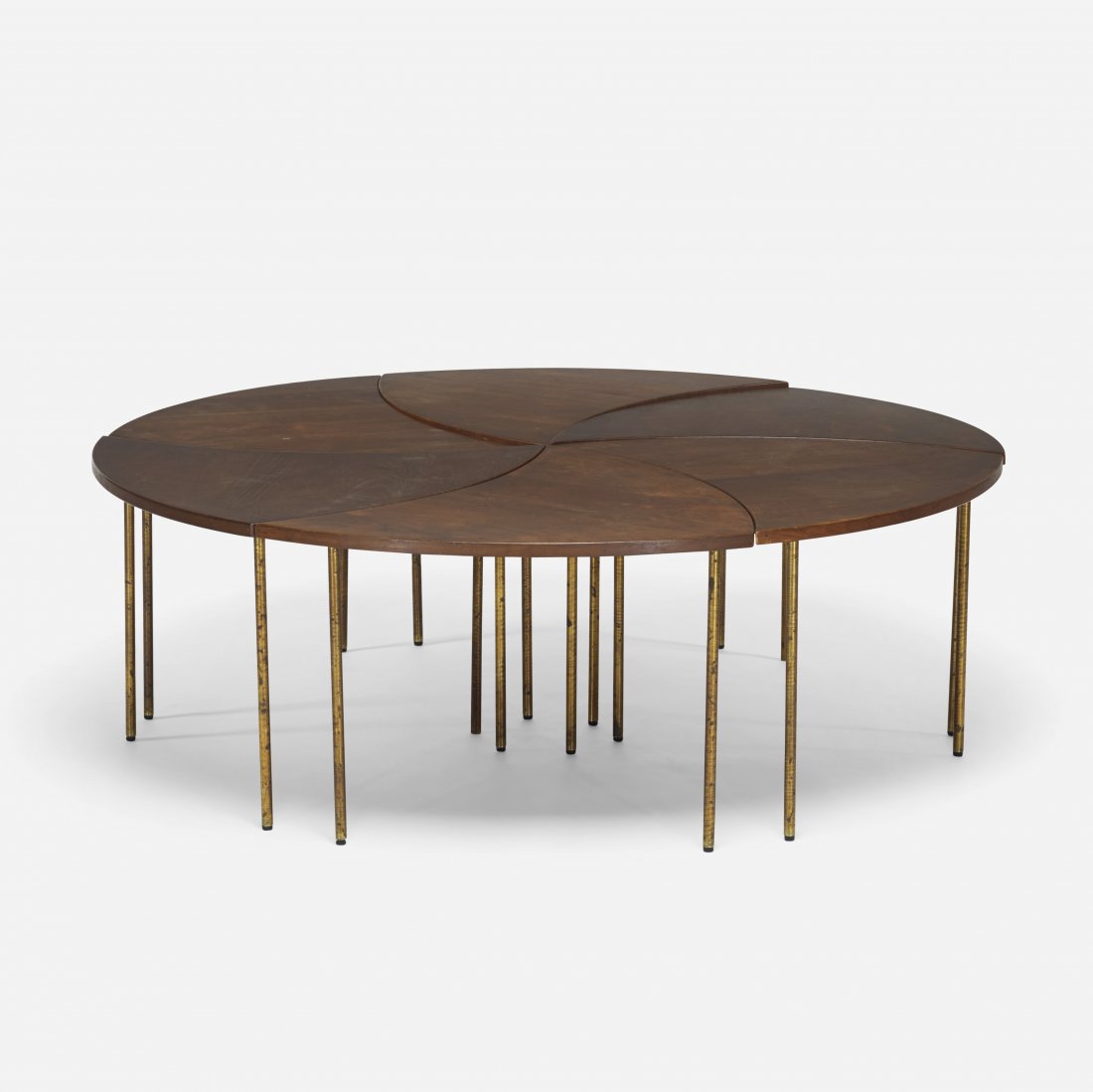 Peter Hvidt tables model 523, set of six: Peter Hvidt tables model 523, set of six France and Sons Denmark, 1952 teak, brass 25.5 w x 23 d x 17 h inches Table measures fifty-two dia inches when all pieces are together. Signed with stamped man