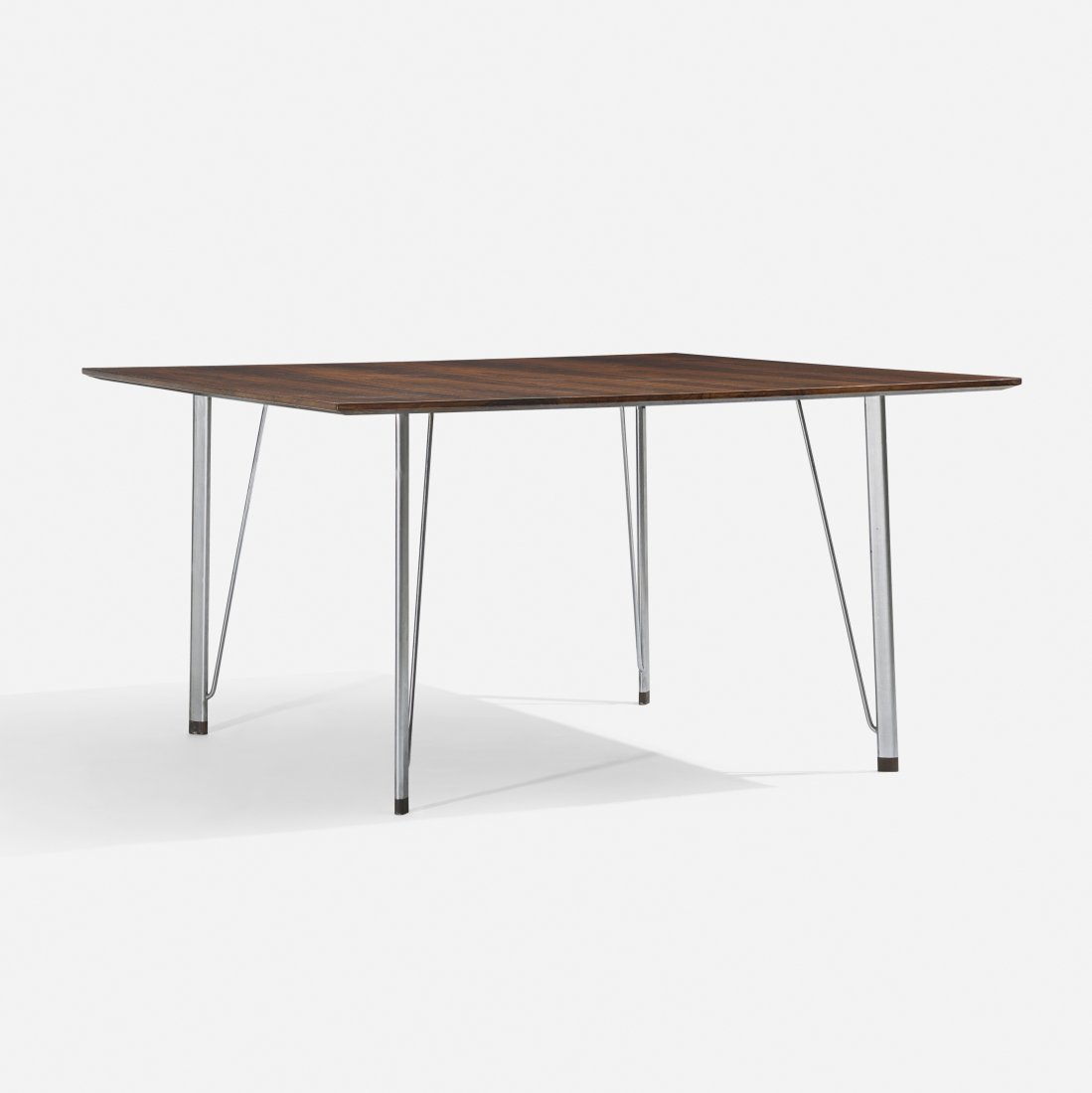 Arne Jacobsen dining table: Arne Jacobsen dining table Fritz Hansen Denmark, 1955 rosewood, chrome-plated steel 51.25 w x 51.25 d x 28 h inches Literature: Fritz Hansen-Furniture, manufacturer's catalog, 1963, pg. 98