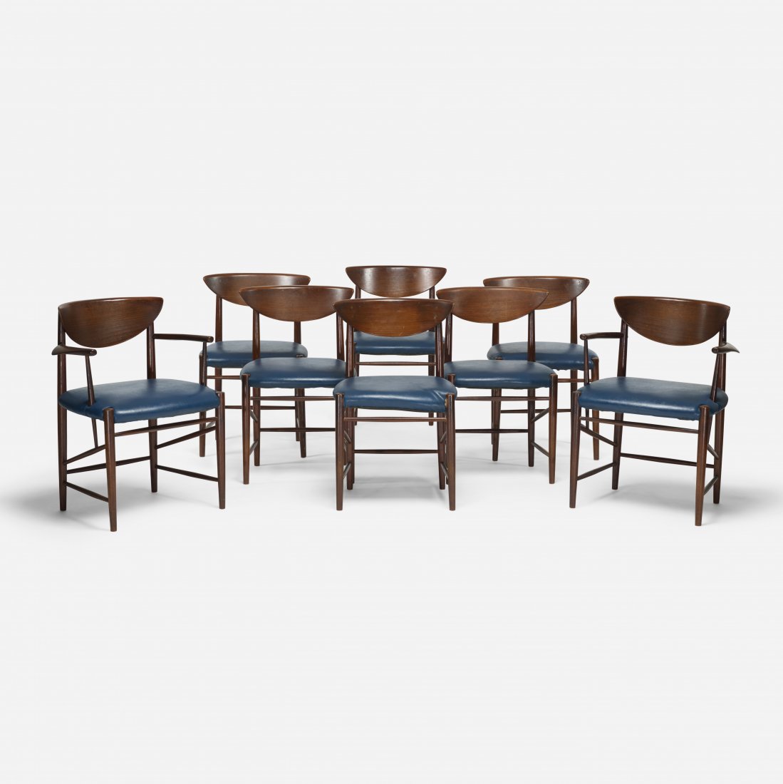 Hvidt and Molgaard-Nielsen dining chairs, eight: Peter Hvidt and Orla Molgaard-Nielsen dining chairs, set of eight SÃ¸borg MÃ¸belfabrik Denmark, 1956 teak, vinyl 23.5 w x 21 d x 31 h inches Side chairs measure: 19 w x 18.5 d x 30 h inches.