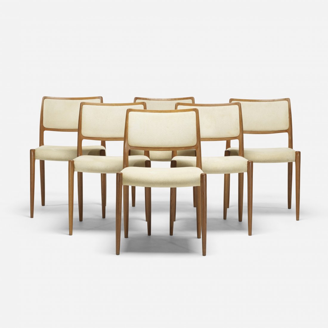 Niels O. Moller dining chairs, set of six: Niels O. Moller dining chairs, set of six J.L. Mollers MÃ¸belfabrik Denmark, 1976 teak, upholstery 19.5 w x 20 d x 31 h inches Signed with stamped manufacturer's mark to underside of each example: [