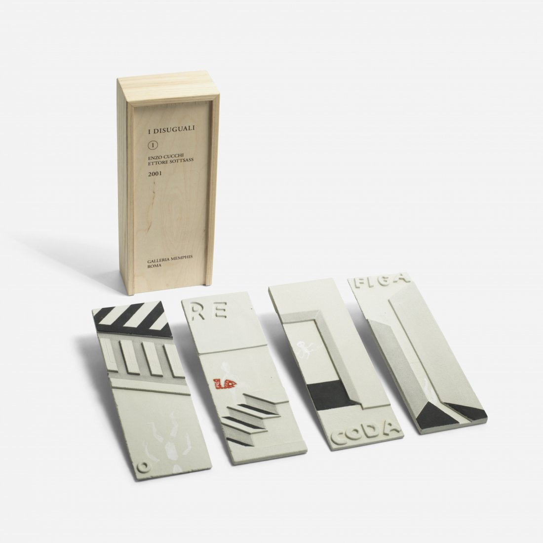 Ettore Sottsass and Enzo Cucchi I Disuguali: Ettore Sottsass and Enzo Cucchi I Disuguali Memphis Italy, 2001 glazed and hand-painted ceramic, pine 10 w x 2 d x 4 h inches Each panel measures: 3 w x 9 h inches. Signed with printed manufacturer's