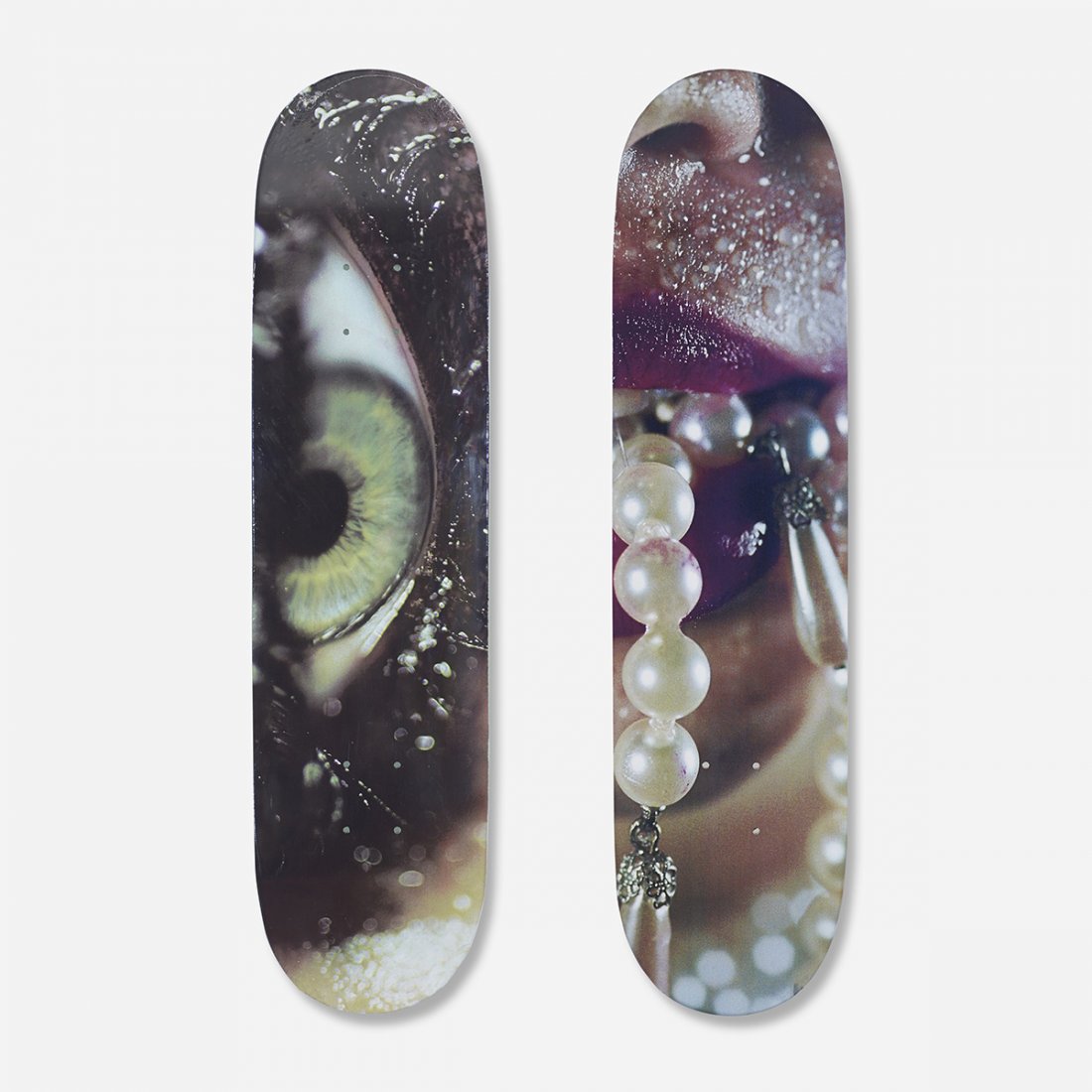 Minter Eye and Pearly skateboard decks, pair: Marilyn Minter Eye and Pearly skateboard decks, pair Supreme USA, 2008 acrylic transfer-printed plywood 31 w x 8 d inches