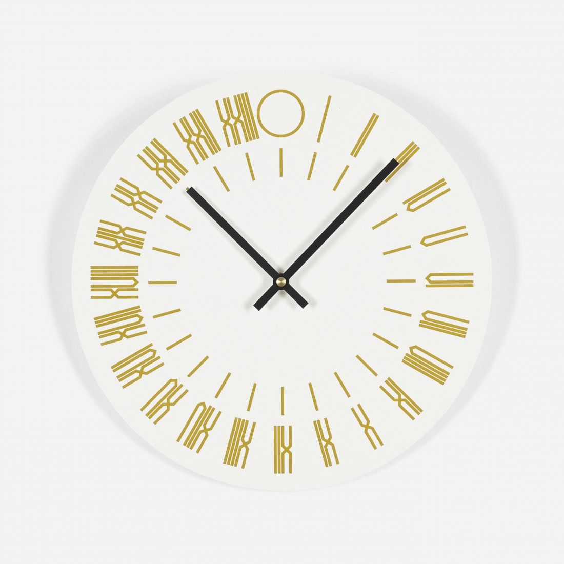 Tauba Auerbach 24-hour wall clock: Tauba Auerbach 24-hour wall clock USA, 2013 lacquered wood, enameled aluminum, brass 10.5 dia x 2.25 h inches Signed with stamped manufacturer's mark to reverse: [The Thing Quarterly Issue XX Tuaba Au