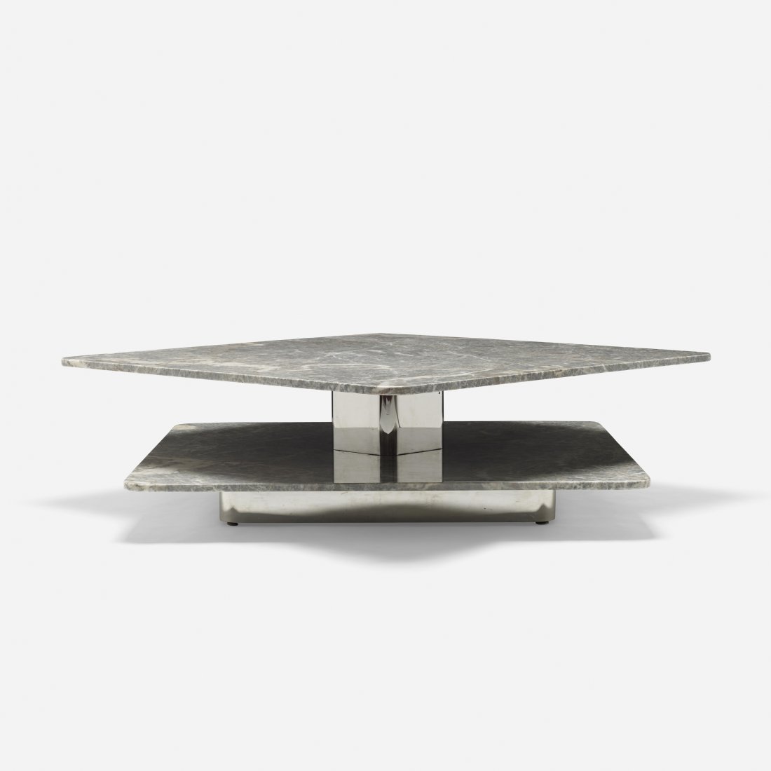 Brueton coffee table: Brueton coffee table USA, c. 1970 marble, stainless steel 48 w x 48 d x 15 h inches This coffee table features a swiveling top.