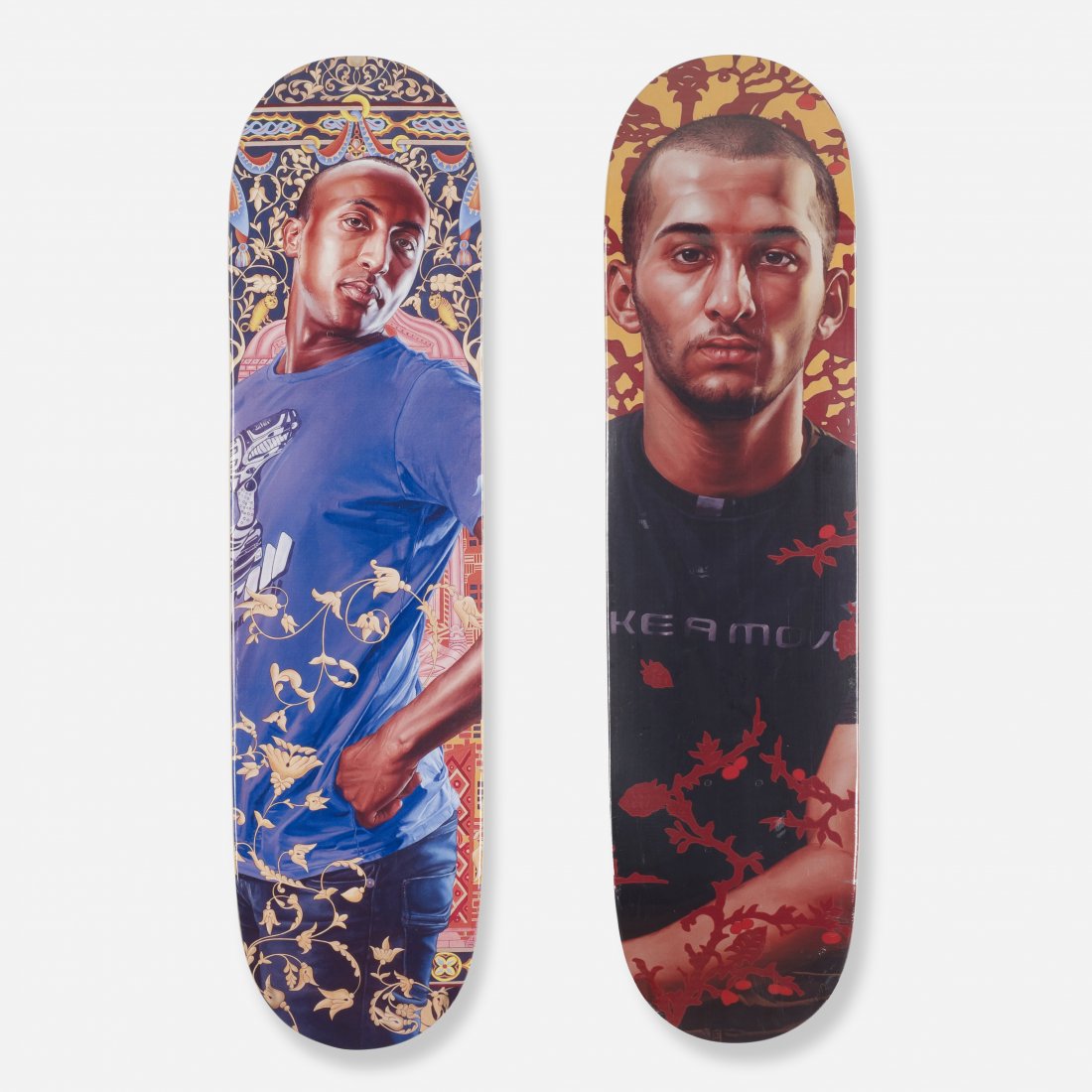 Kehinde Wileyskateboard decks: Kehinde Wiley Alios Itzhak and Mahmud Abu Razak skateboard decks USA, 2012 transfer-printed plywood 8 w x 2.25 d x 32 h inches