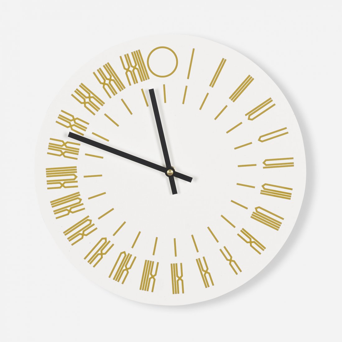 Tauba Auerbach 24-hour wall clock: Tauba Auerbach 24-hour wall clock USA, 2013 lacquered wood, enameled aluminum, brass 10.5 dia x 1.5 h inches Signed with stamped manufacturer's mark to reverse: [The Thing Quarterly Issue XX Tuaba Aue