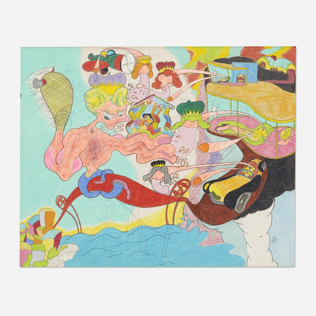 Peter Saul American Soldier Returns to his Wife: Peter Saul American Soldier Returns to his Wife USA, 1966 crayon and ink on paper 39.75 h x 49.75 w inches Signed and dated to lower right 'Saul '66'. Provenance: Rolf Nelson Gallery, Los Angeles | Pr