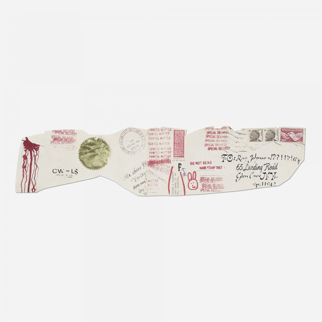 Ray Johnson Untitled: Ray Johnson Untitled USA, 1969 ink and collage on paper 4.5 h x 18.5 w inches Provenance: V. Romano, New York | Acquired from the previous by the present owner