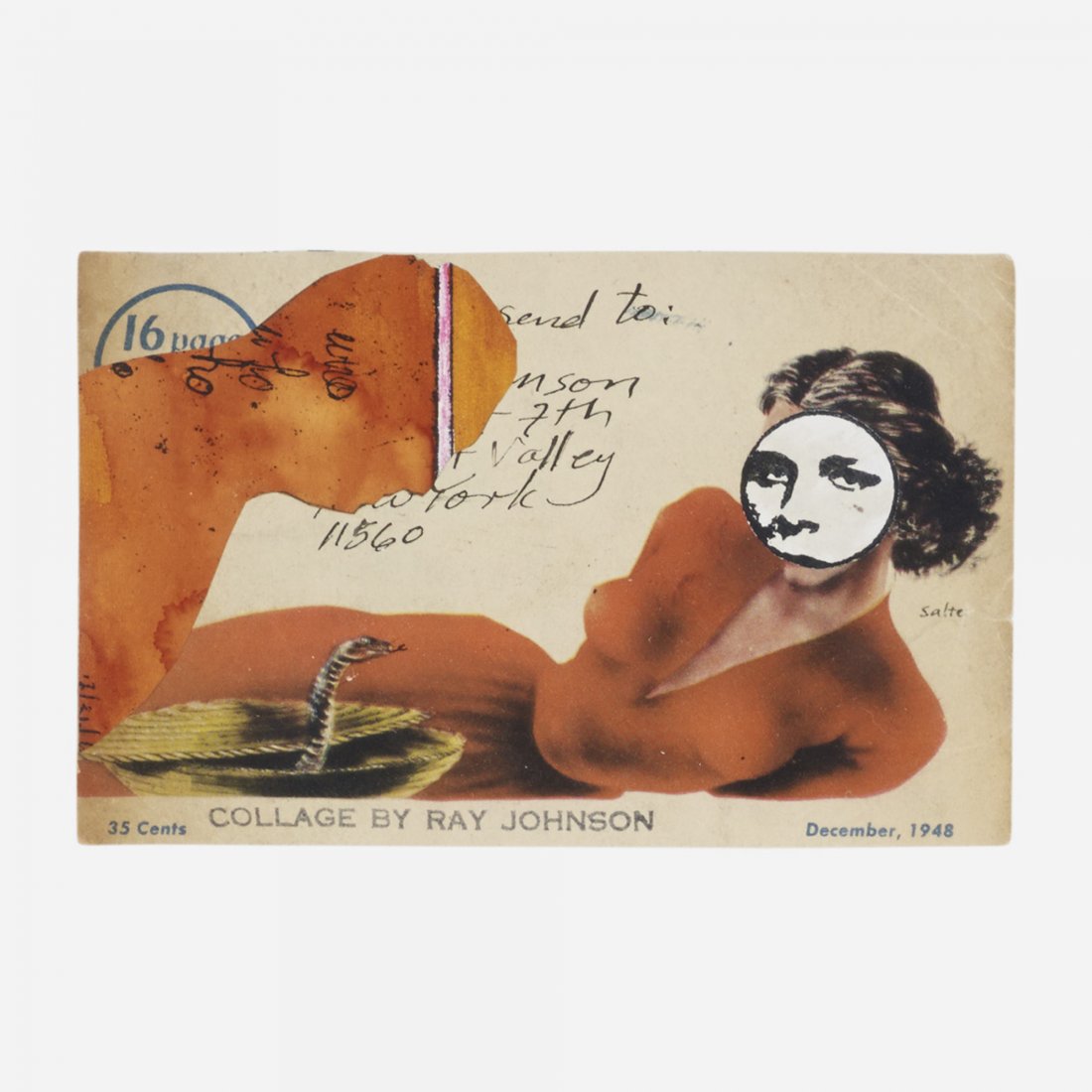 Ray Johnson Untitled: Ray Johnson Untitled USA, 1972 ink and collage on cardstock 3.5 h x 5.5 w inches Stamped signature to lower edge 'Collage by Ray Johnson'. Sold with envelope addressed to John Evans and three newspape