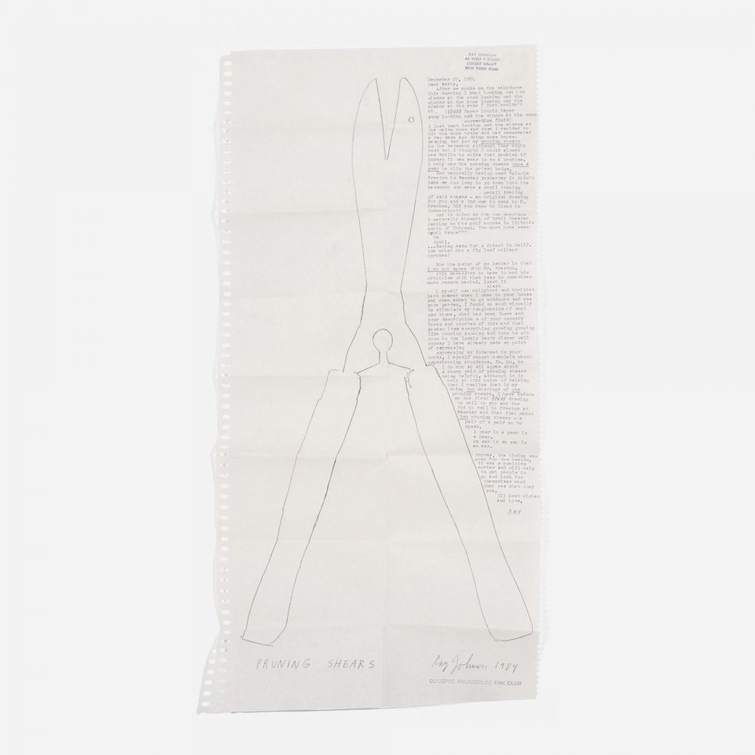 Ray Johnson Untitled (Pruning Shears): Ray Johnson Untitled (Pruning Shears) USA, 1984 ink and pencil on paper 24 h x 11.5 w inches Signed and dated to lower right 'Ray Johnson 1984'. Stamped to lower right 'Guiseppe Arcimboldo Fan Club'.