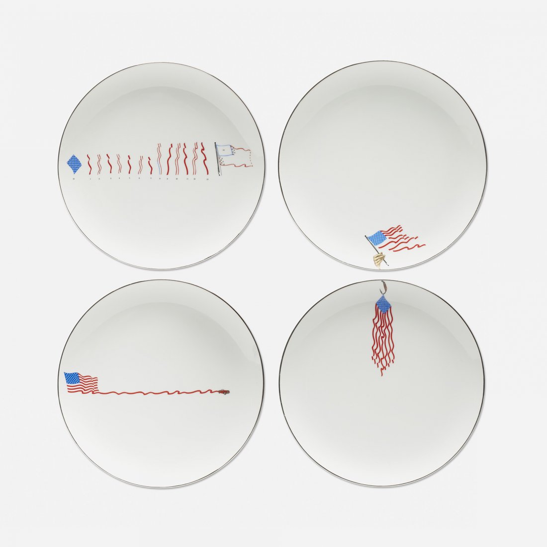 Howard Kottler American Supperware (four plates): Howard Kottler American Supperware (four plates) USA, 1969 glazed porcelain with applied decoration 10.25 dia inches Signed with stamped manufacturer's mark to verso of each example 'Howard Kottler'Th