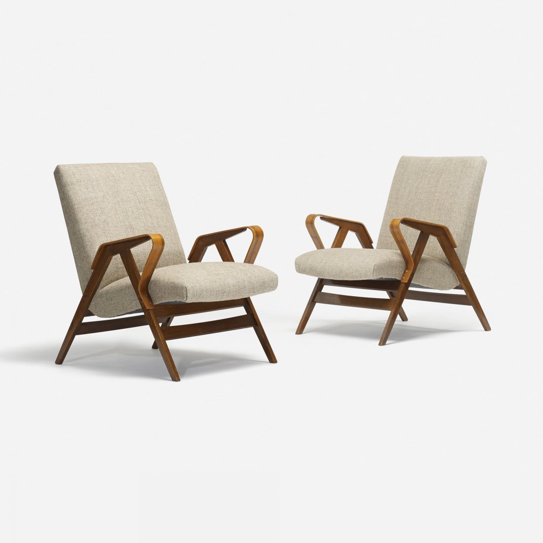 In the manner of Ico Parisi lounge chairs, pair: In the manner of Ico Parisi lounge chairs, pair Italy, c. 1960 upholstery, stained ash 24.5 w x 30 d x 33 h inches