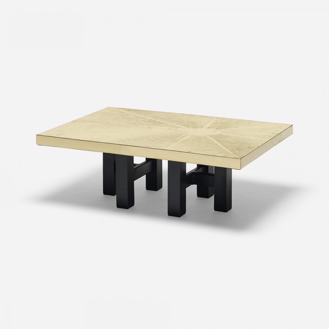 Georges Mathias coffee table: Georges Mathias coffee table Belgium, c. 1980 etched brass, enameled steel 39.5 w x 25.5 d x 13.75 h inches Etched signature to top: [Georges Mathias].