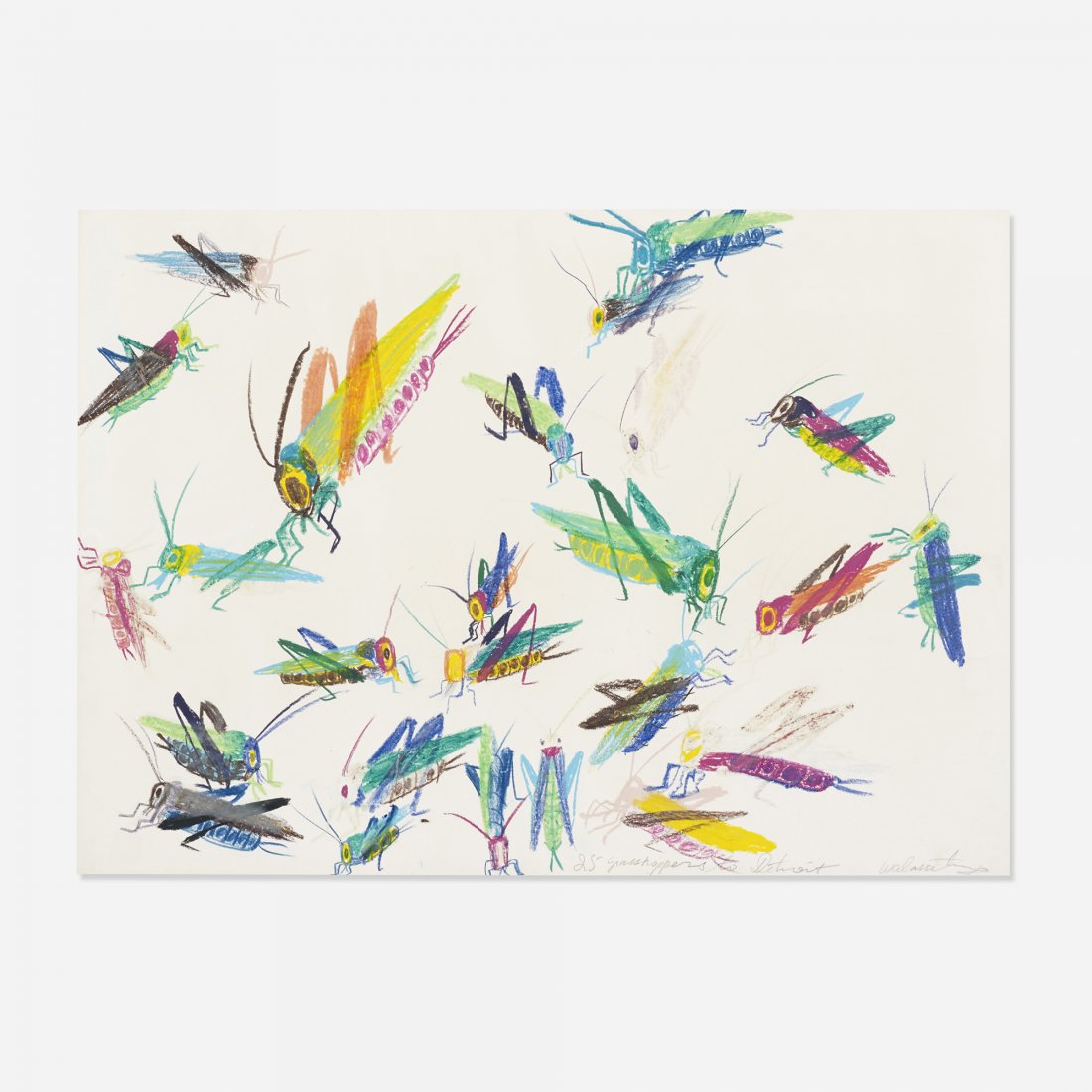 Walasse Ting 25 Grasshoppers to Detroit: Walasse Ting 25 Grasshoppers to Detroit China/USA, c. 1975 pastel and crayon on paper 22.75 h x 32.25 w inches Signed and titled to lower edge '25 Grasshoppers to Detroit Walasse Ting'. Sold with orig