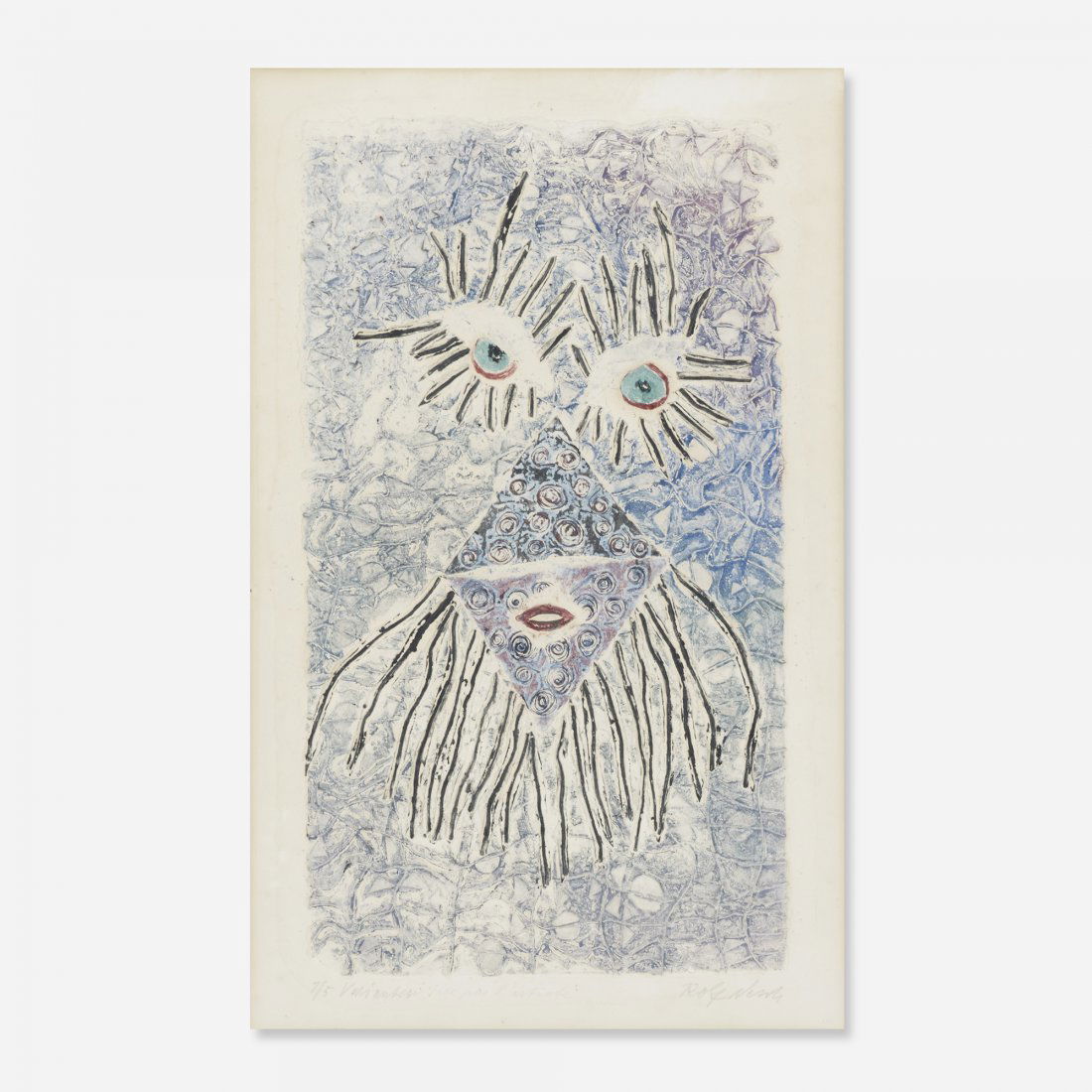 Rolf Nesch Face: Rolf Nesch Face Germany/Norway, 1966 relief etching on paper 21 h x 12 w inches Signed, inscribed and numbered to lower margin '1/5 Rolf Nesch'. Sold with original receipt from J.L. Hudson Gallery. Th