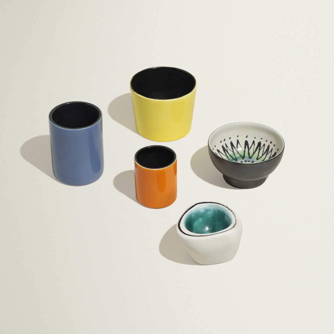 Georges Jouve collection of five vessels: Georges Jouve collection of five vessels France, c. 1955 glazed stoneware 4.25 dia x 3.5 h inches Incised signature to underside of four examples: [Jouve] with artist's cipher to underside of all five