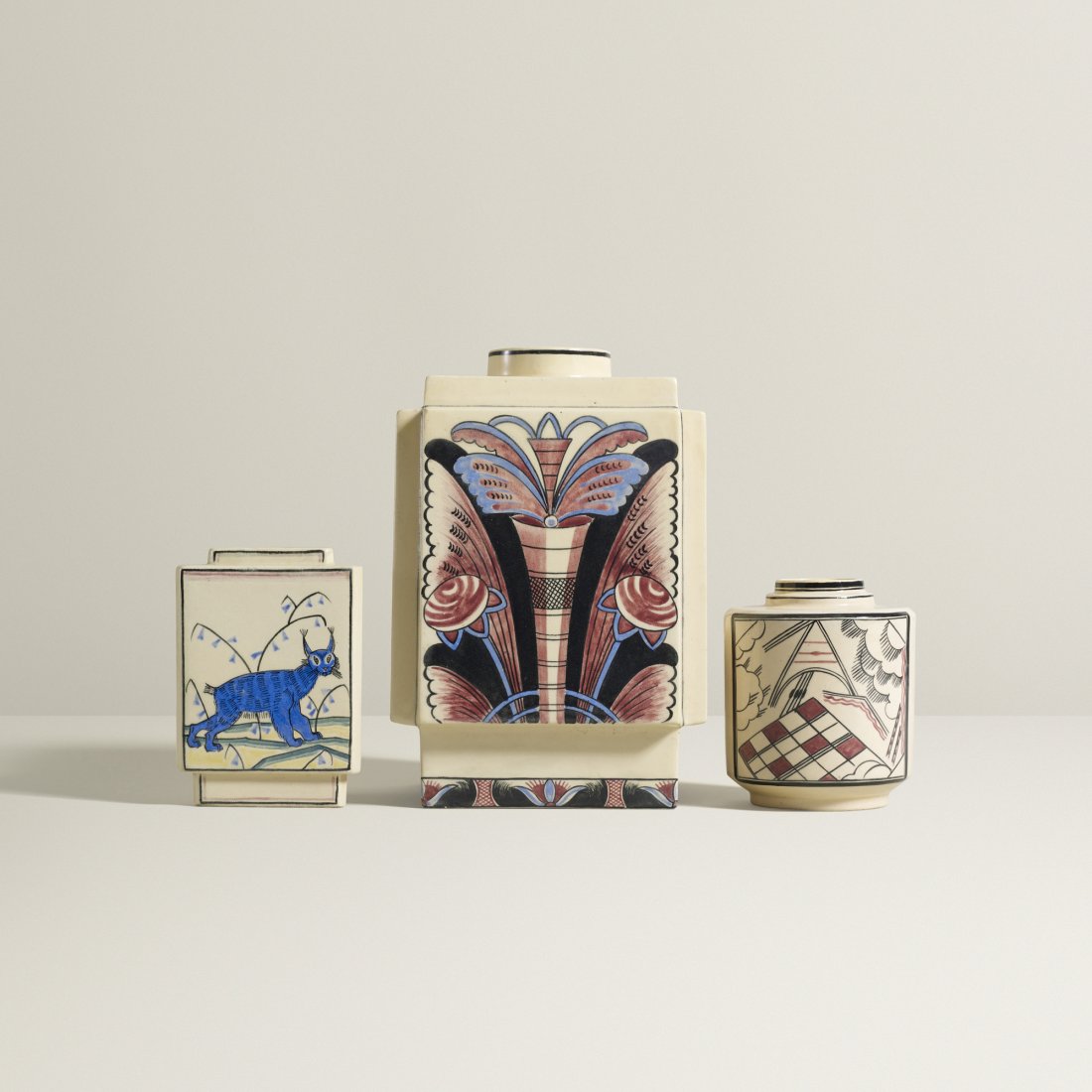 Robert Lallemant collection of three vases: Robert Lallemant collection of three vases France, c. 1928 glazed stoneware 6.5 w x 6.5 d x 10 h inches Glazed signature to each example: [TR Lallemant France].