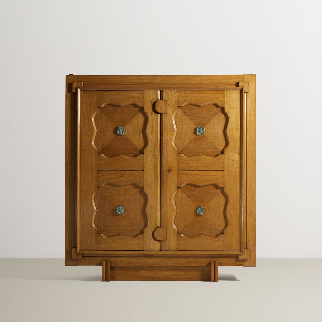 Robert Guillerme and Jacques Chambron cabinet: Robert Guillerme and Jacques Chambron cabinet France, c. 1950 oak, glazed ceramic, brass 58.75 w x 20 d x 59.5 h inches Cabinet features two doors concealing four shelves.
