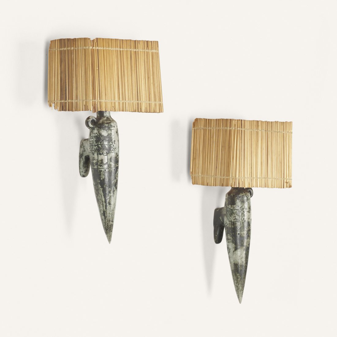 Jacques Blin wall lights, pair: Jacques Blin wall lights, pair France, c. 1950 glazed stoneware, raffia 9 w x 6 d x 15 h inches Incised signature to reverse of each example: [Blin].