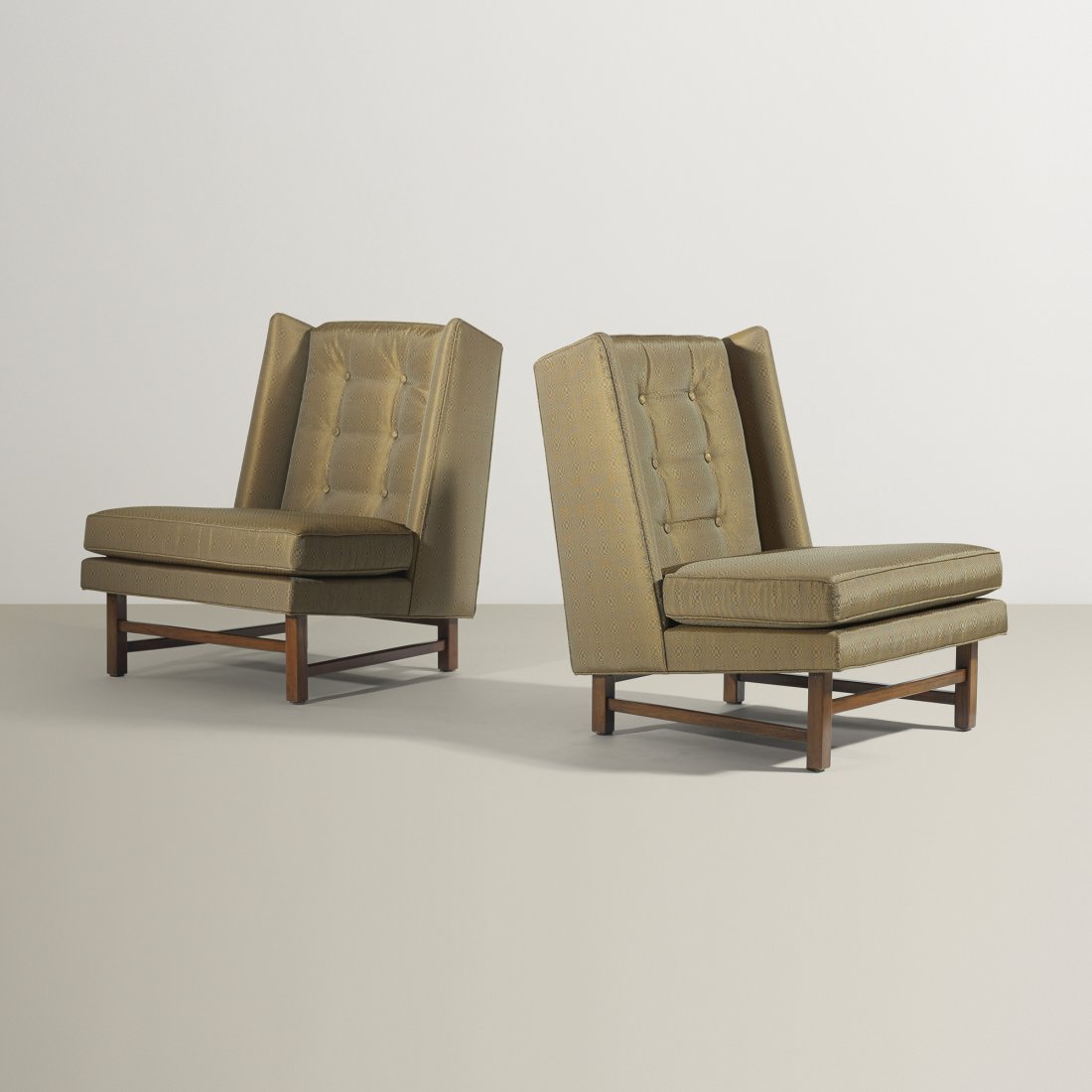 Edward Wormley lounge chairs, pair: Edward Wormley lounge chairs, pair Dunbar USA, c. 1955 Vasarely silk, stained mahogany 25.5 w x 28.5 d x 31.5 h inches