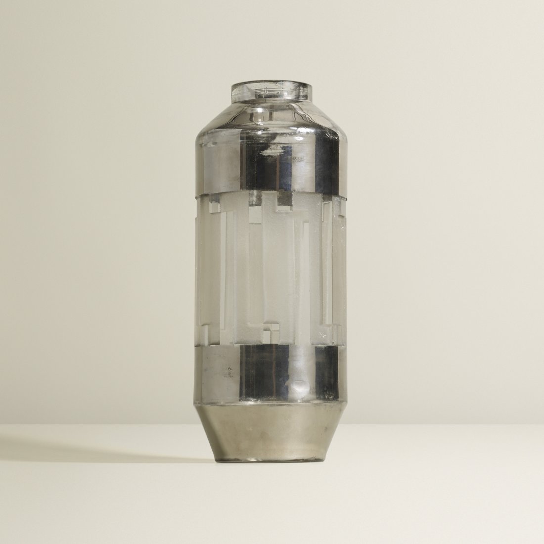 Jean Luce vase: Jean Luce vase France, c. 1930 acid-etched glass, silvered glass 4 dia x 9.75 h inches Signed with acid stamp to underside.