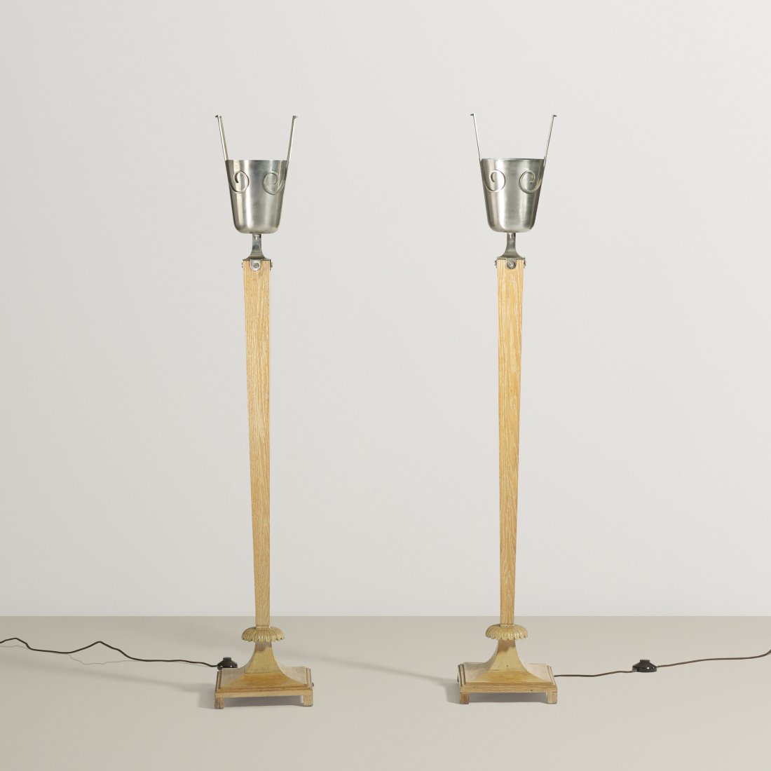 Tommi Parzinger floor lamps, pair: Tommi Parzinger floor lamps, pair Parzinger Originals USA, c. 1952 combed oak, nickel-plated brass 10.25 w x 10.25 d x 62 h inches