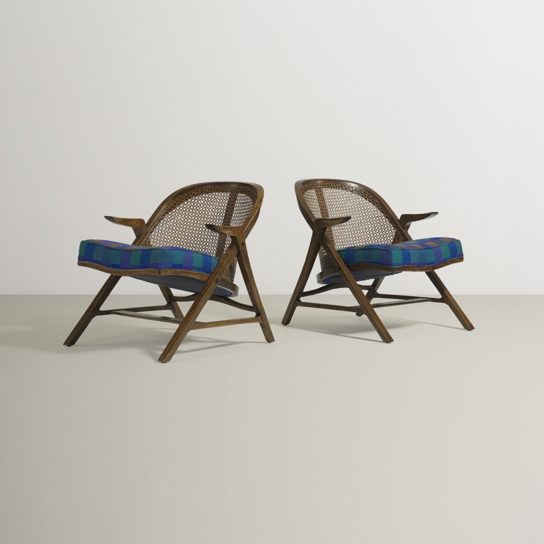 Edward Wormley armchairs model 5700-A, pair: Edward Wormley armchairs model 5700-A, pair Dunbar USA, 1957 lacquered oak, cane, upholstery 27.25 w x 31 d x 28 h inches Literature: Edward J. Wormley Designs for Dunbar, manufacturer's catalog, 1957