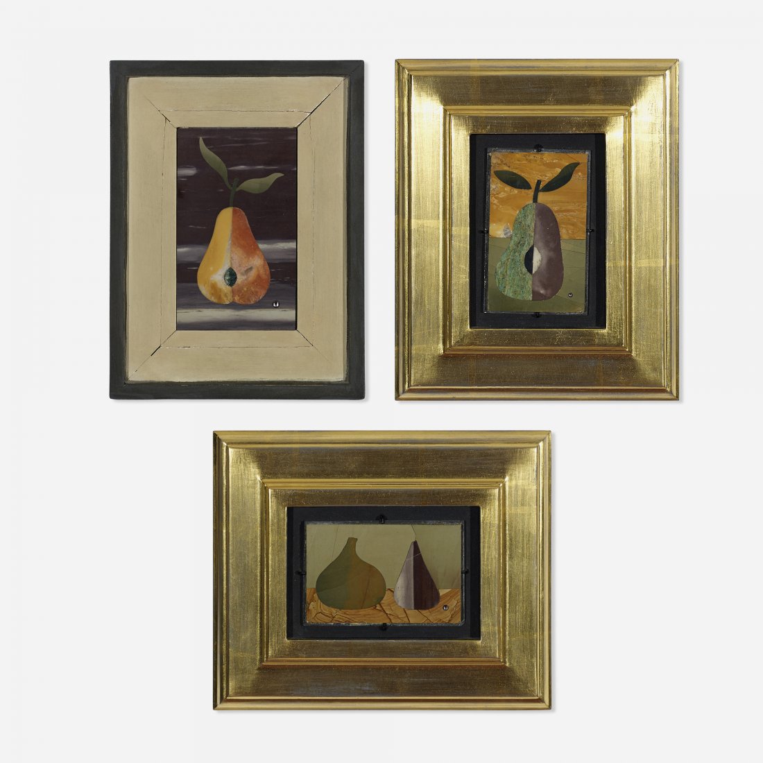 Richard Blow and Giuseppe Fiaschi: Richard Blow and Giuseppe Fiaschi collection of three Pietra Dura plaques Montici Italy, c. 1950 hand-cut hardstone inlay 8.5 h x 7 w inches Incised signature to reverse of one example 'Made in Italy 
