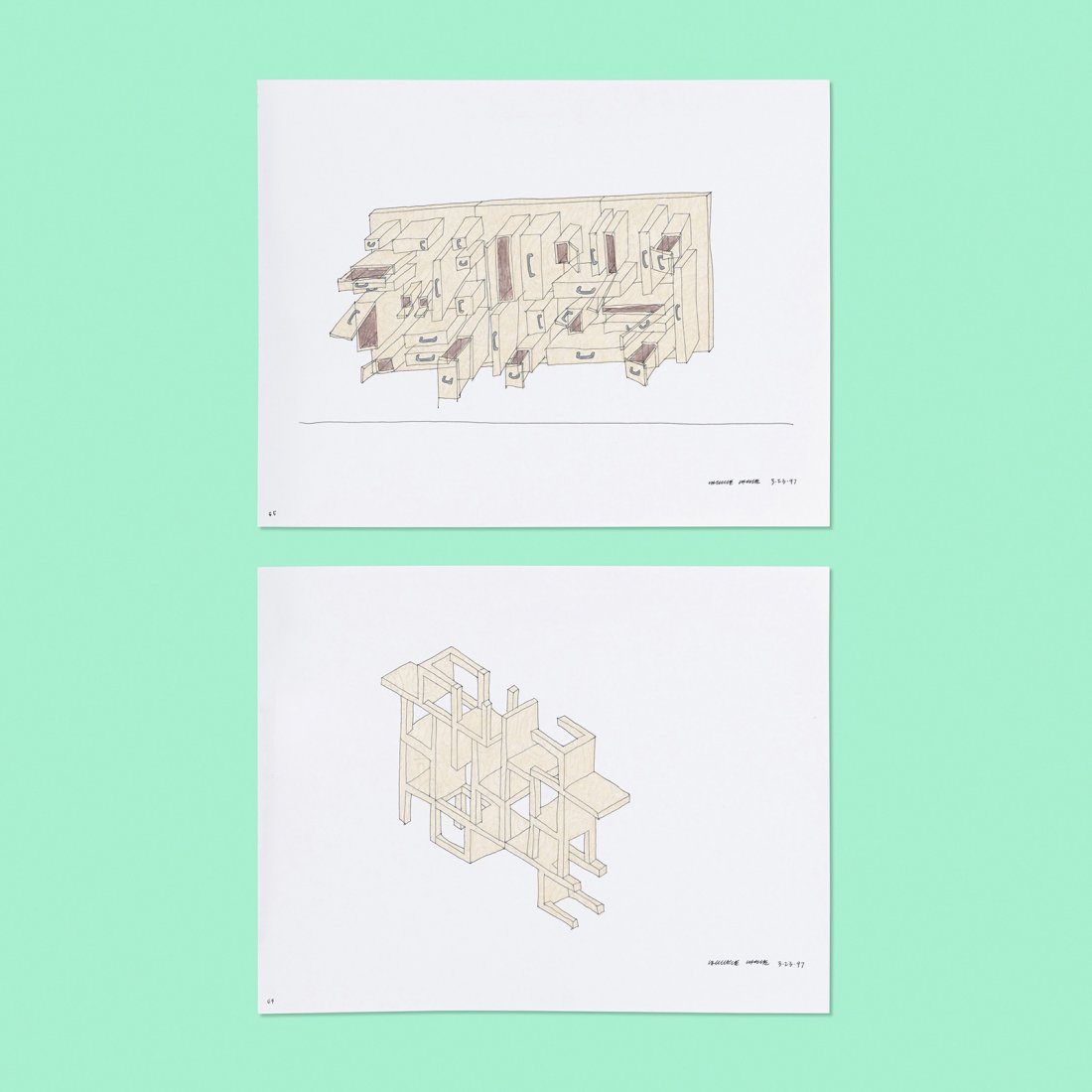 Lawrence Laske pair of drawings: Lawrence Laske pair of drawings USA, 1997 colored pencil and ink on paper 8.5 h x 11 w inches Signed and dated to lower edge of each example: [Larry Laske 3.23.97].