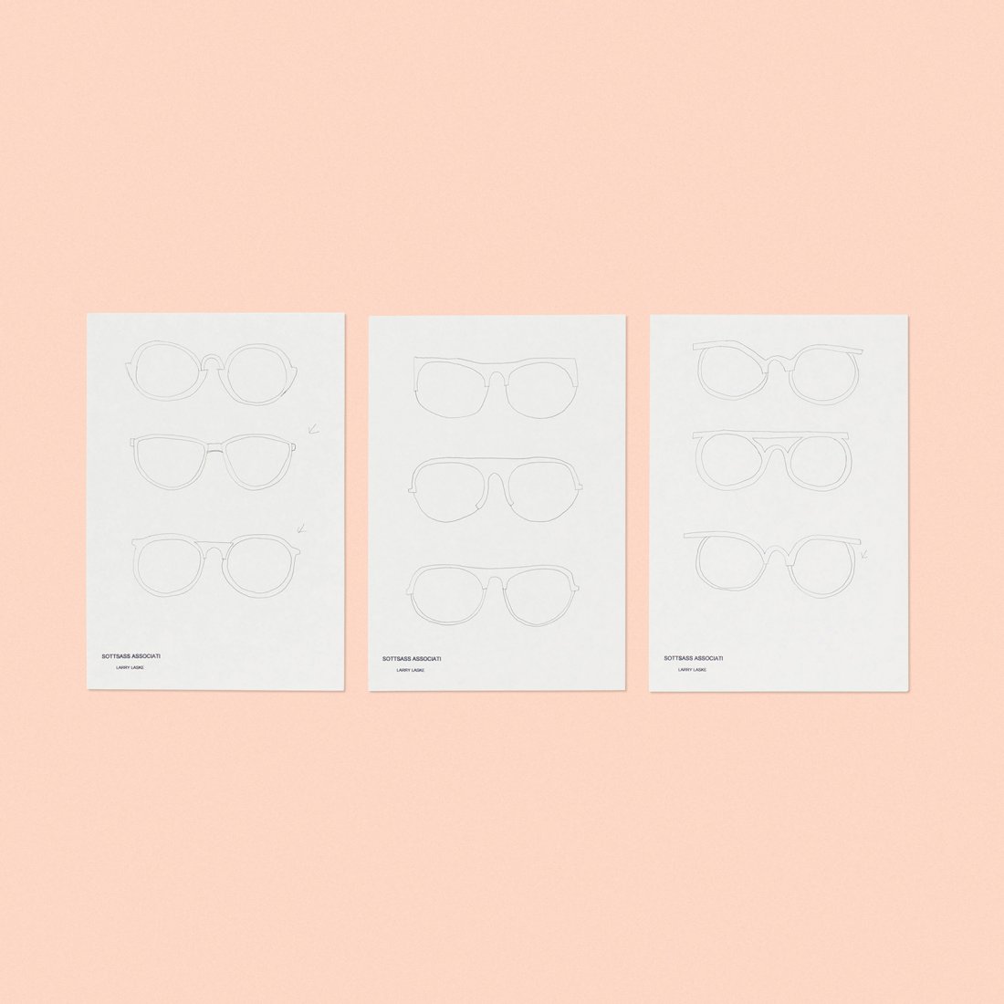 Lawrence Laske collection of sketches: Lawrence Laske collection of eleven sketches for Sottsass Associati USA, 1987 pencil on paper 11.75 h x 8.25 w inches Signed with printed manufacturer's mark to each example: [Sottsass Associati Larry