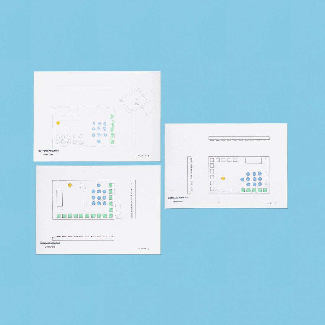 Lawrence Laske and Ettore Sottsass drawings: Lawrence Laske and Ettore Sottsass collection of three drawings for Sottsass Associati Italy, 1987 colored pencil and ink on paper 11.75 h x 8.5 w inches Stamped to each example: [Sottsass Associati L