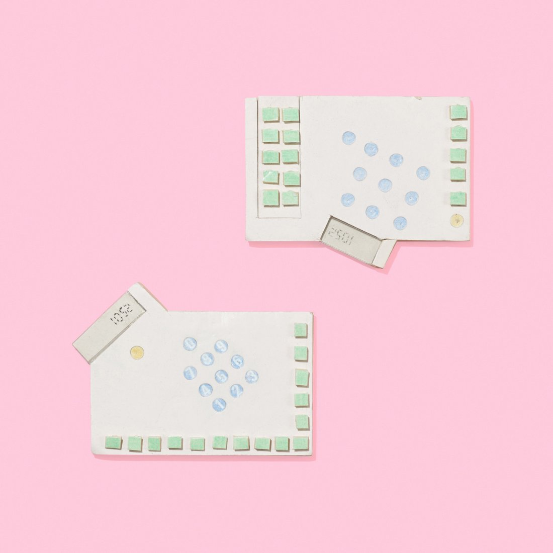 Lawrence Laske calculator prototypes and drawings: Lawrence Laske pair of calculator prototypes and drawings for Sottsass Associati USA, 1987 matte board, colored pencil and ink on paper 3 w x 4 d x .5 h inches This lot includes two calculator prototy