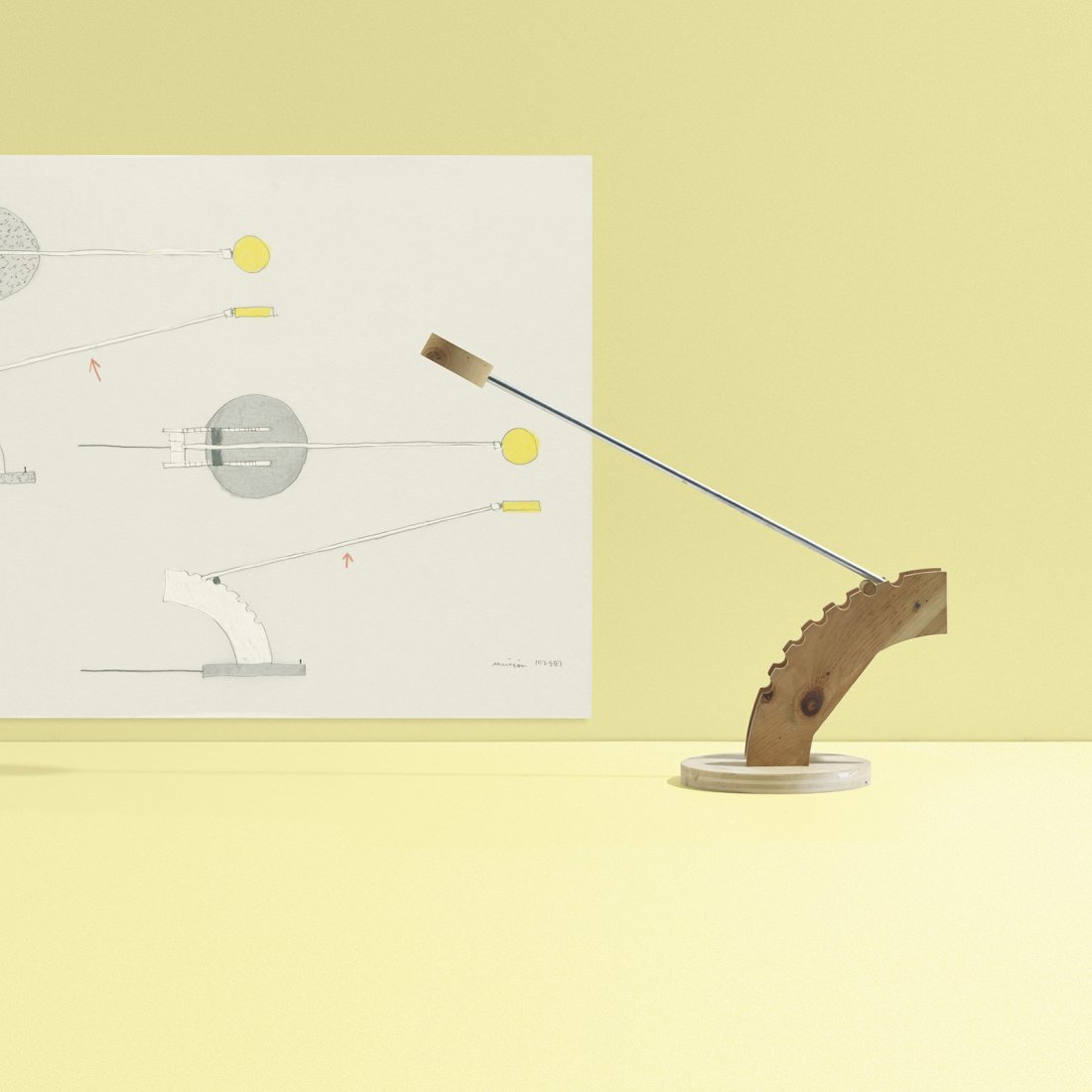 Lawrence Laske lamp prototype and drawings for Memphis: Lawrence Laske lamp prototype and drawings for Memphis USA, c. 1987 pine, steel, colored pencil and ink on paper 23.25 w x 7.75 d x 8.75 h inches This lot includes one prototype and thirty-one drawing